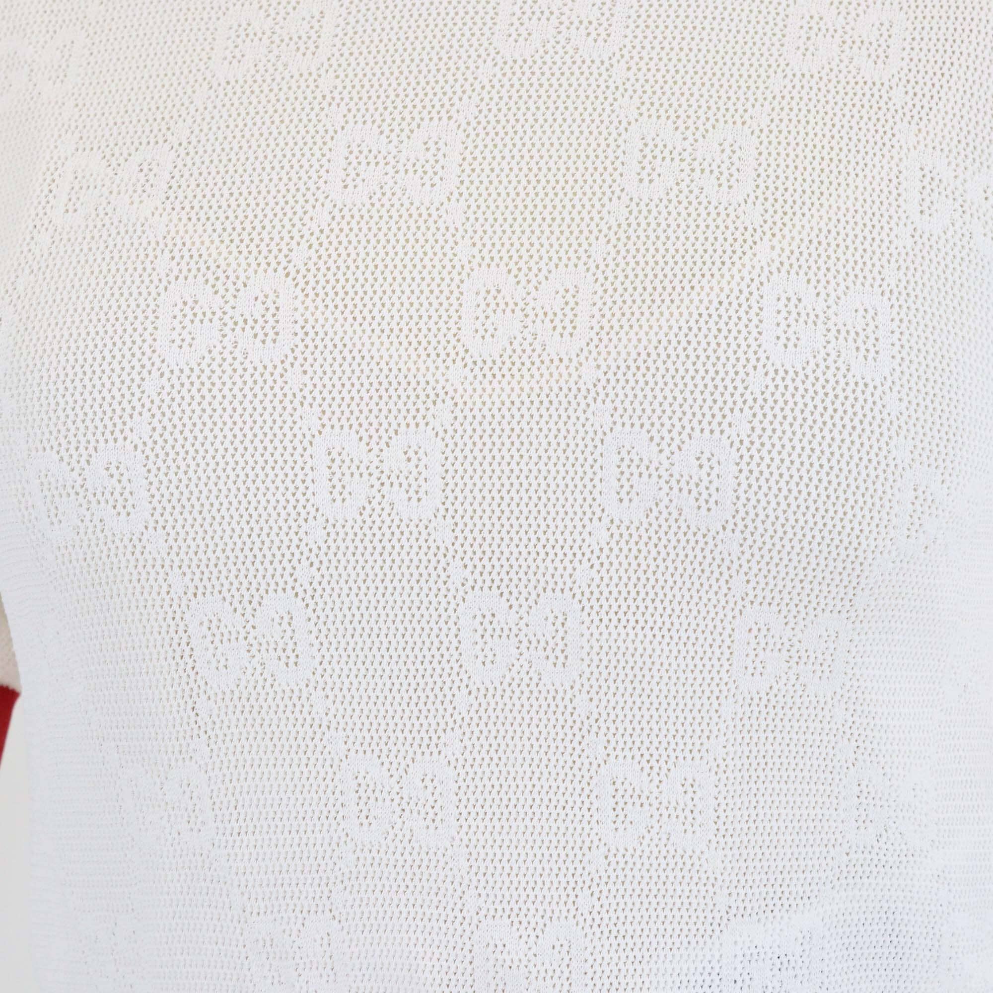 Gucci Ivory/Red GG Jacquard Mesh Button Shoulder Detailed Top Womens Gucci 