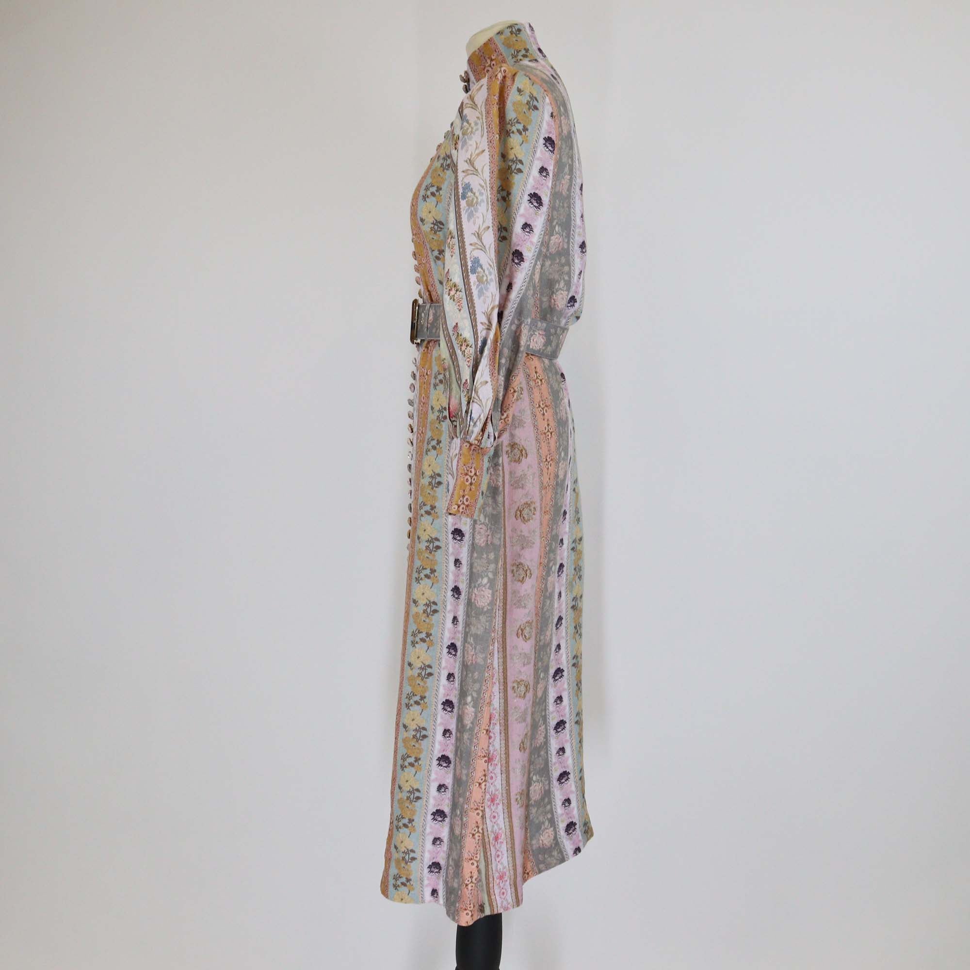 Zimmermann Multicolor Printed Linen Luminosity Belted Long Sleeve Dress