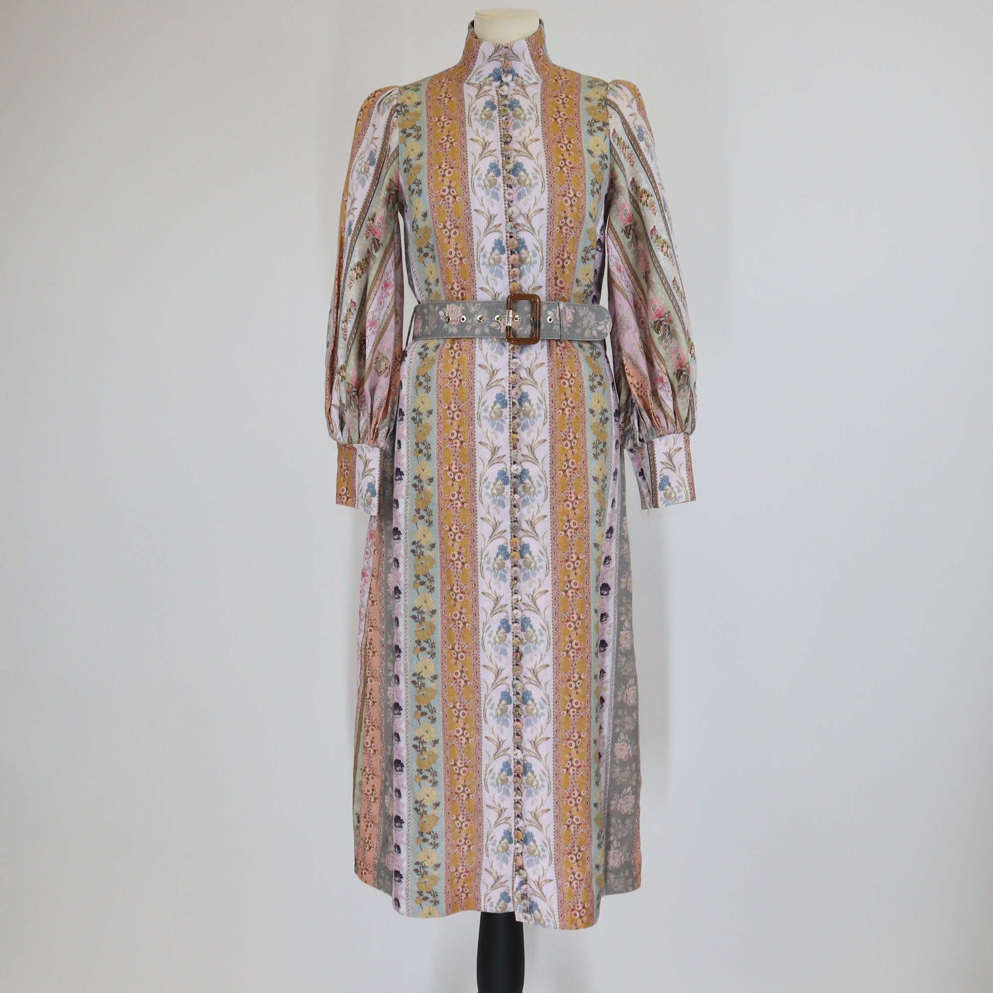 Zimmermann Multicolor Printed Linen Luminosity Belted Long Sleeve Dress