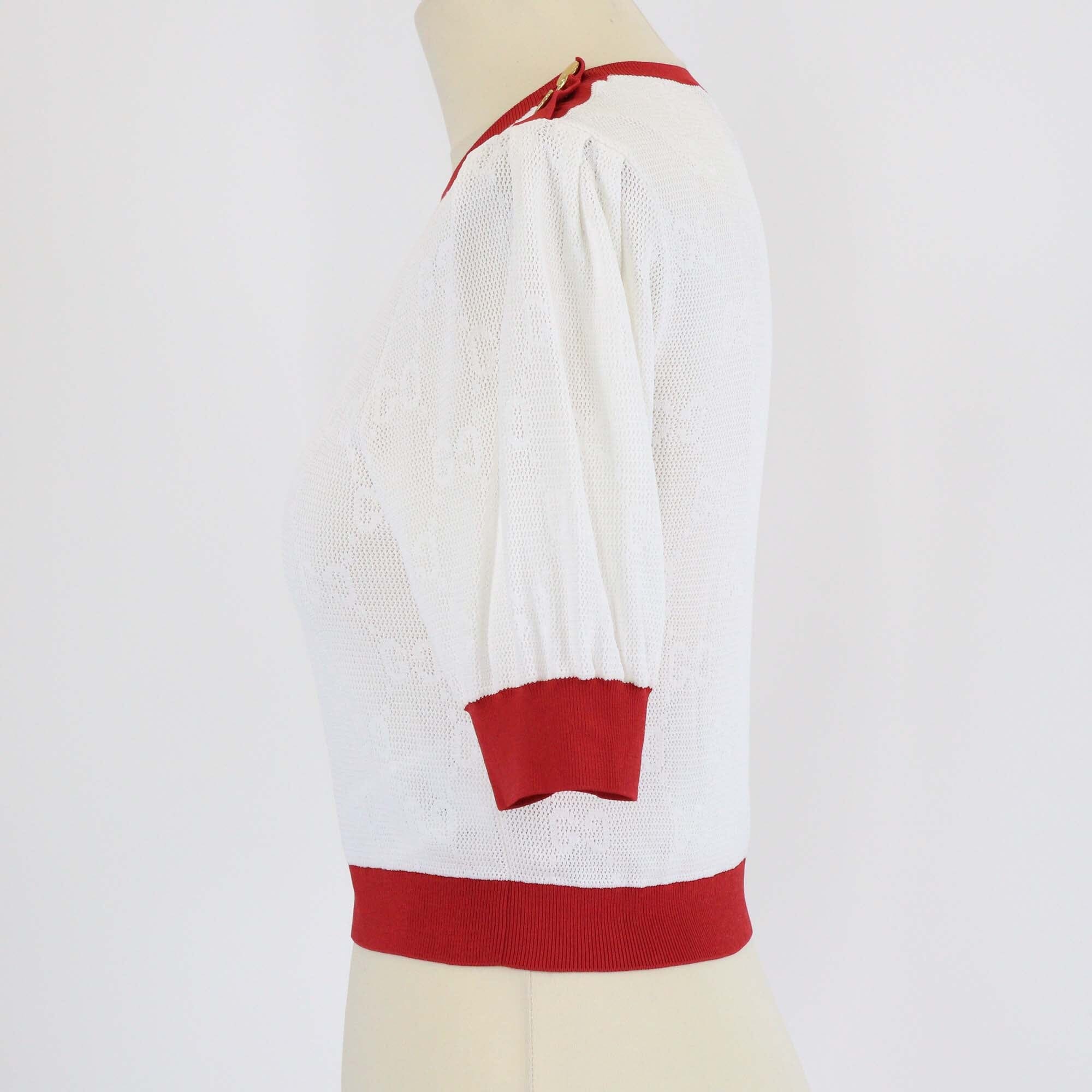 Gucci Ivory/Red GG Jacquard Mesh Button Shoulder Detailed Top