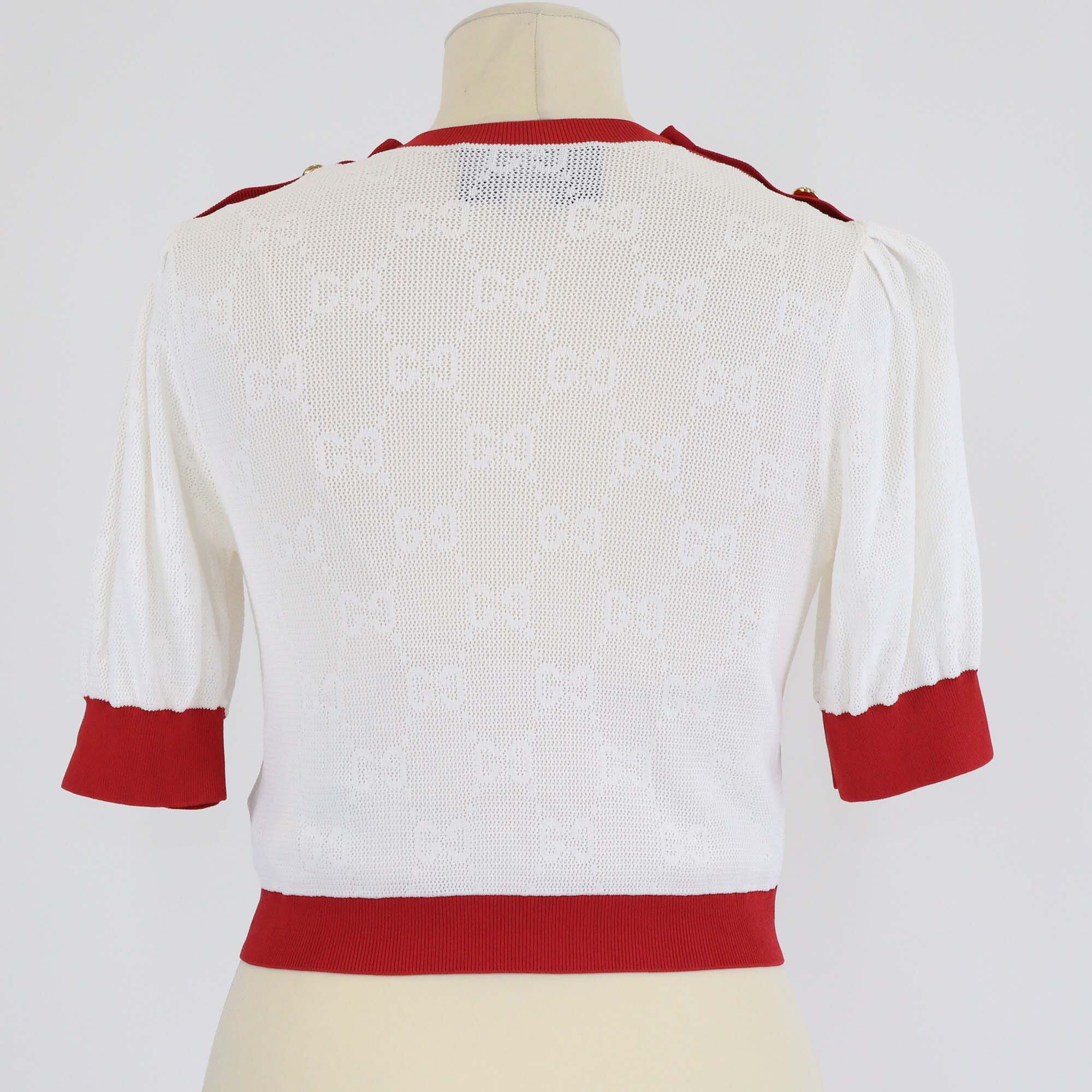 Gucci Ivory/Red GG Jacquard Mesh Button Shoulder Detailed Top Womens Gucci 
