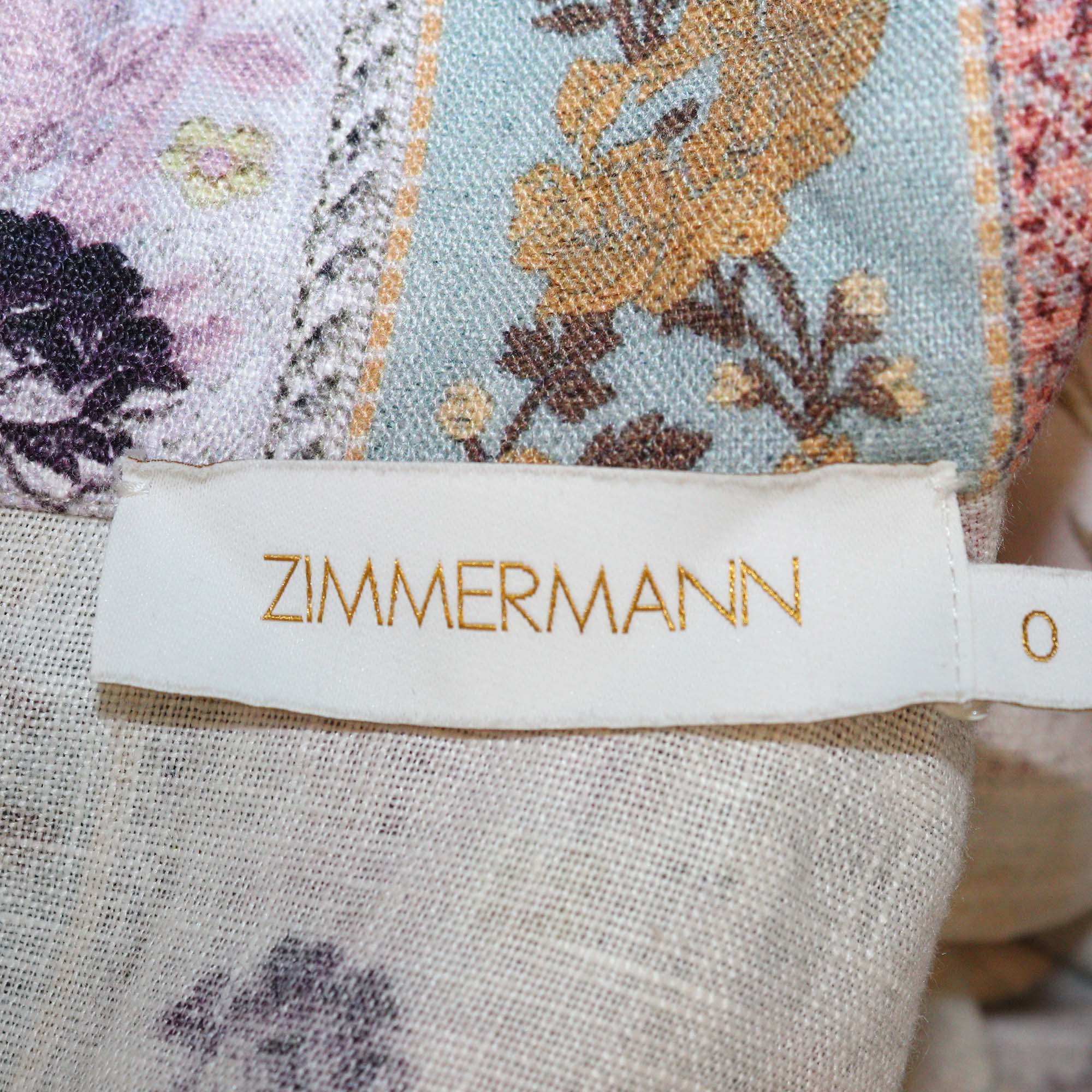 Zimmermann Multicolor Printed Linen Luminosity Belted Long Sleeve Dress
