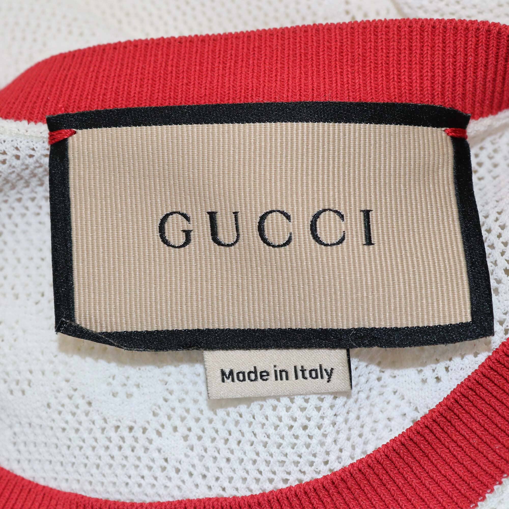 Gucci Ivory/Red GG Jacquard Mesh Button Shoulder Detailed Top Womens Gucci 