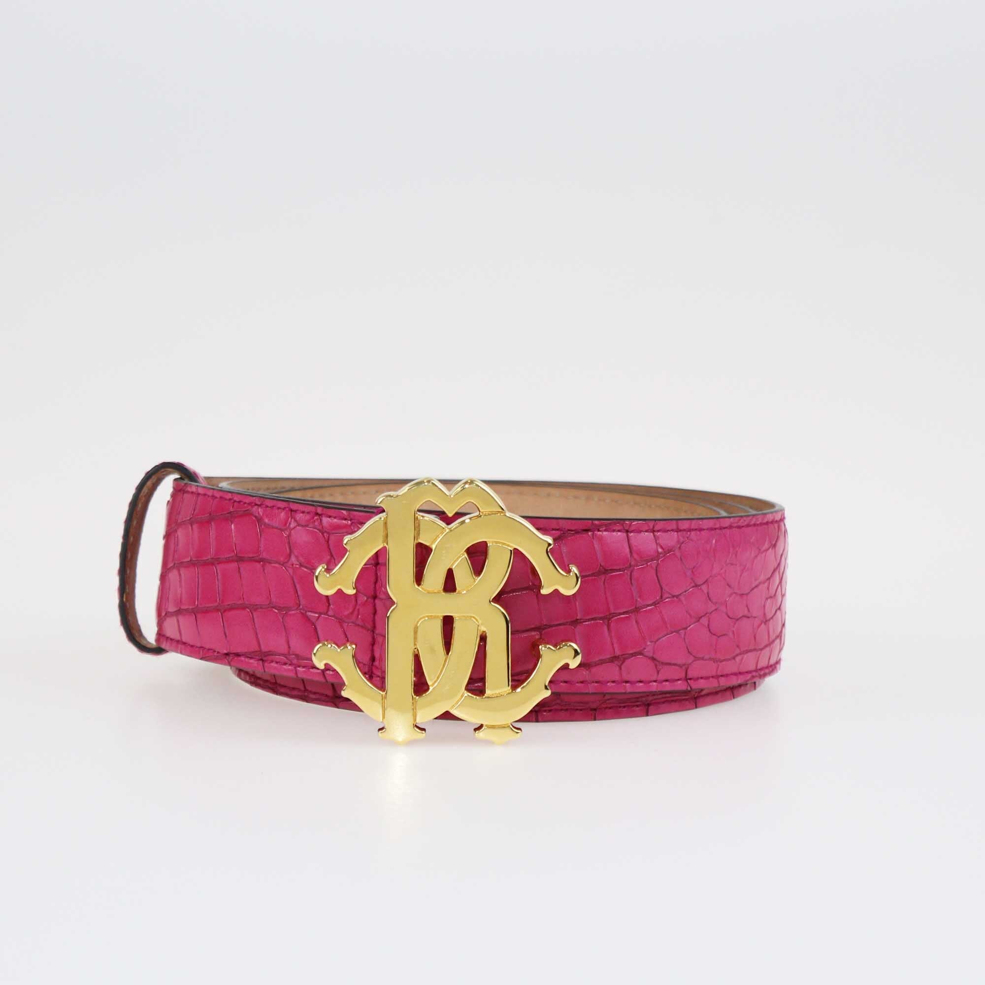 Roberto Cavalli Fuchsia Croc Embossed Logo Buckle Belt Accessories Roberto Cavalli 