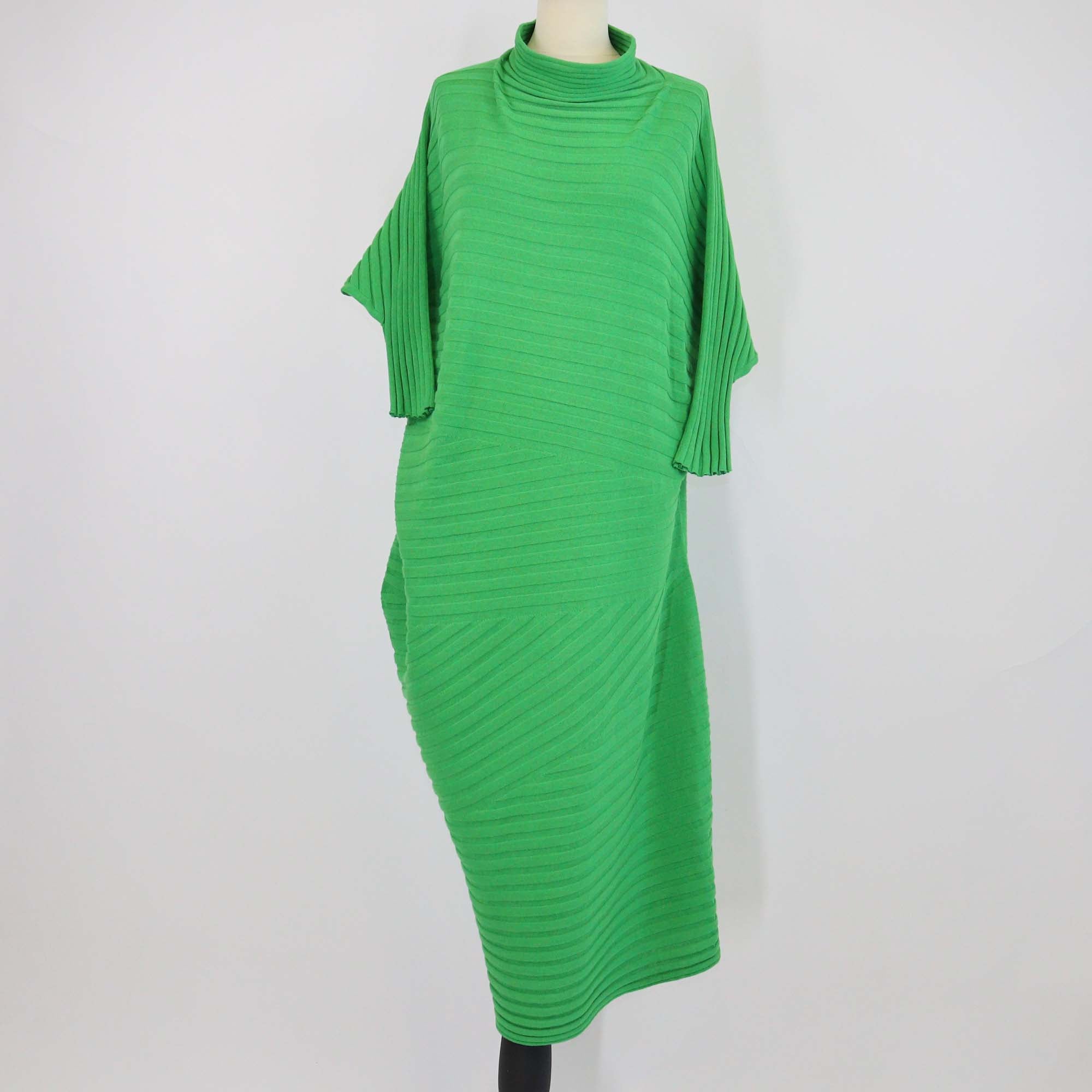 Issey Miyake Green Cotton Turtle Neck Knitted Midi Dress