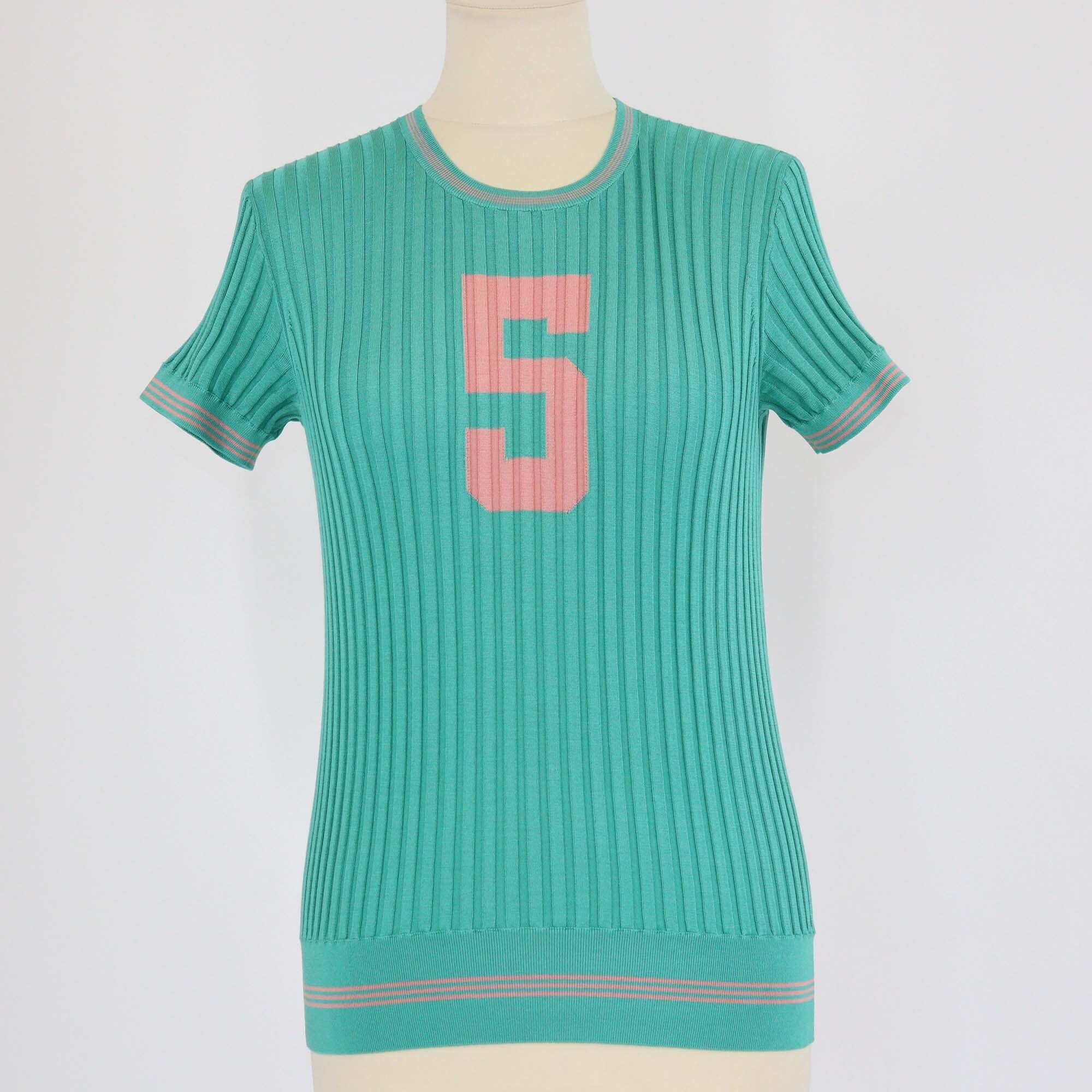 Chanel Green No5 Print Knit Short Sleeve Top Womens Chanel 