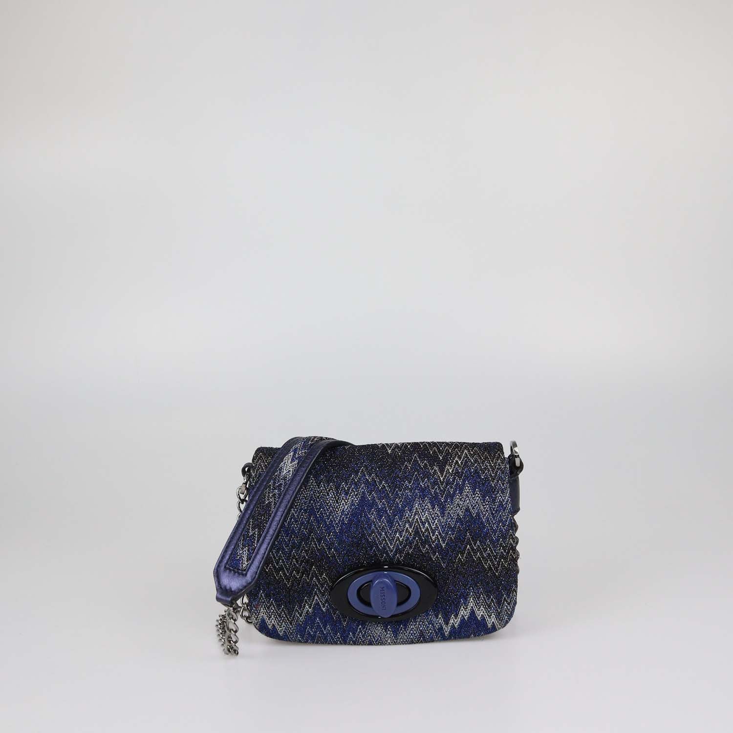 Missoni Metallic Blue Lurex Fabric and Leather Zigzag Print Crossbody Bag