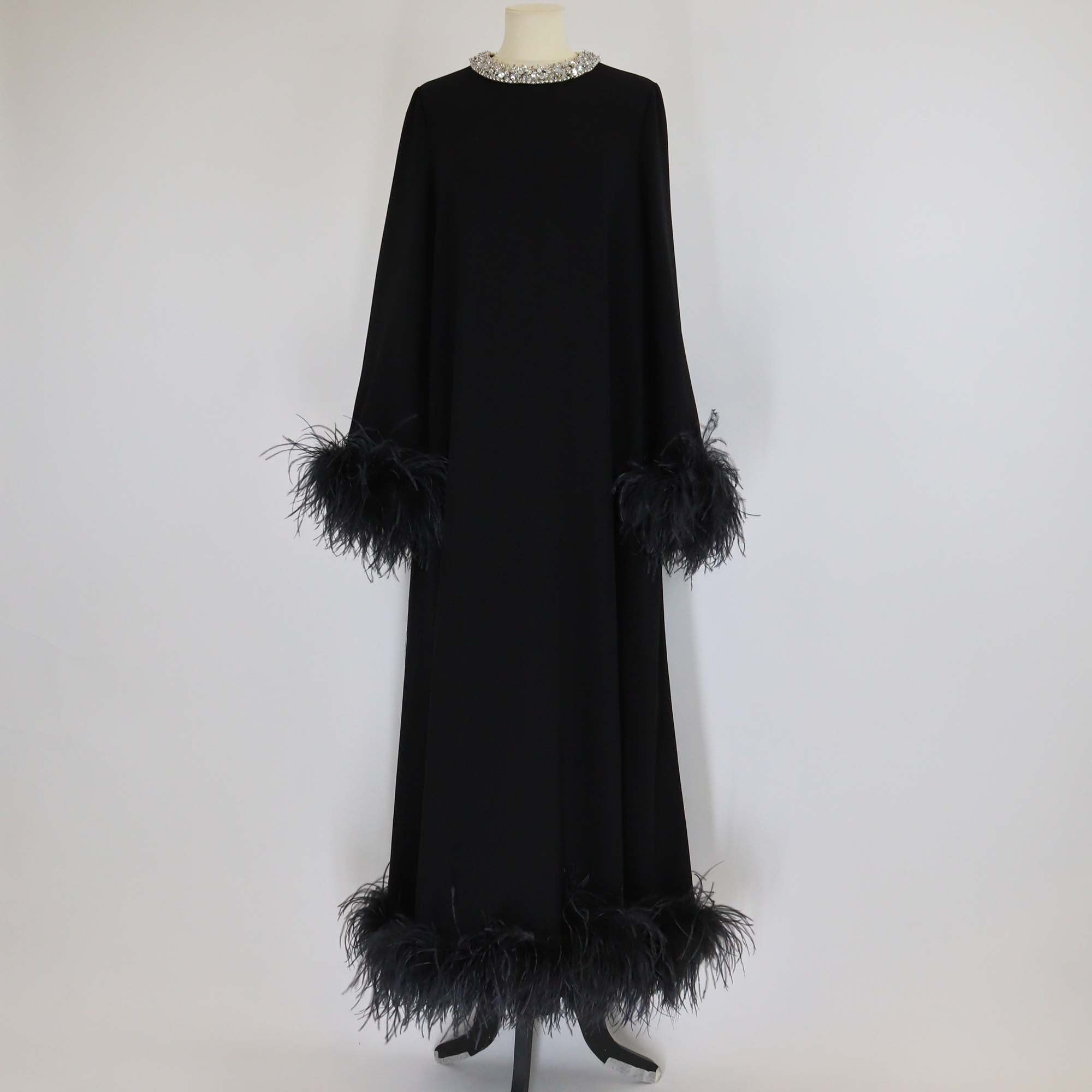 Miu Miu Black Ostrich Feather and Fabric Crystal Trim Long Sleeve Maxi Dress