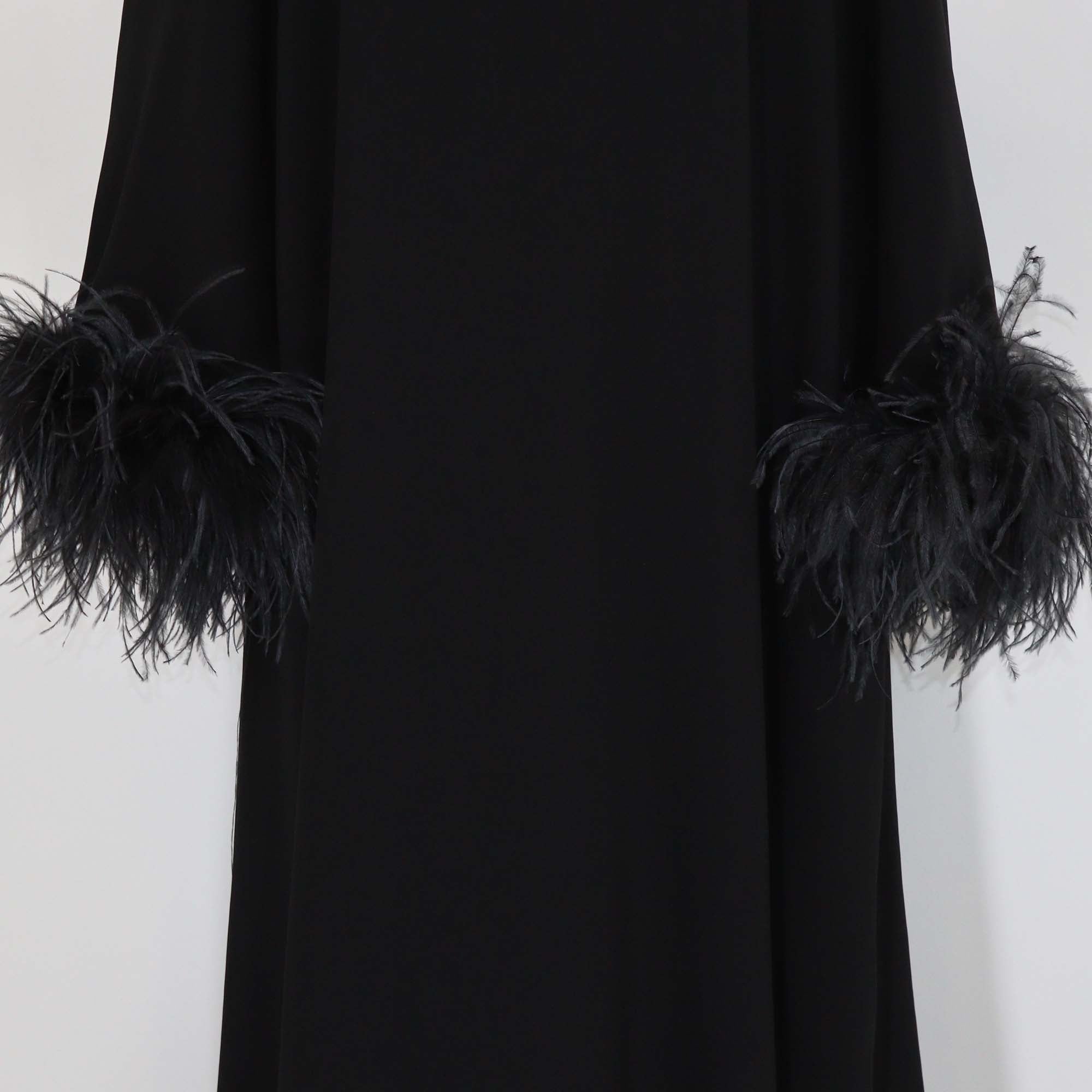 Miu Miu Black Ostrich Feather and Fabric Crystal Trim Long Sleeve Maxi Dress