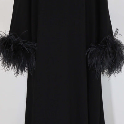 Miu Miu Black Ostrich Feather and Fabric Crystal Trim Long Sleeve Maxi Dress