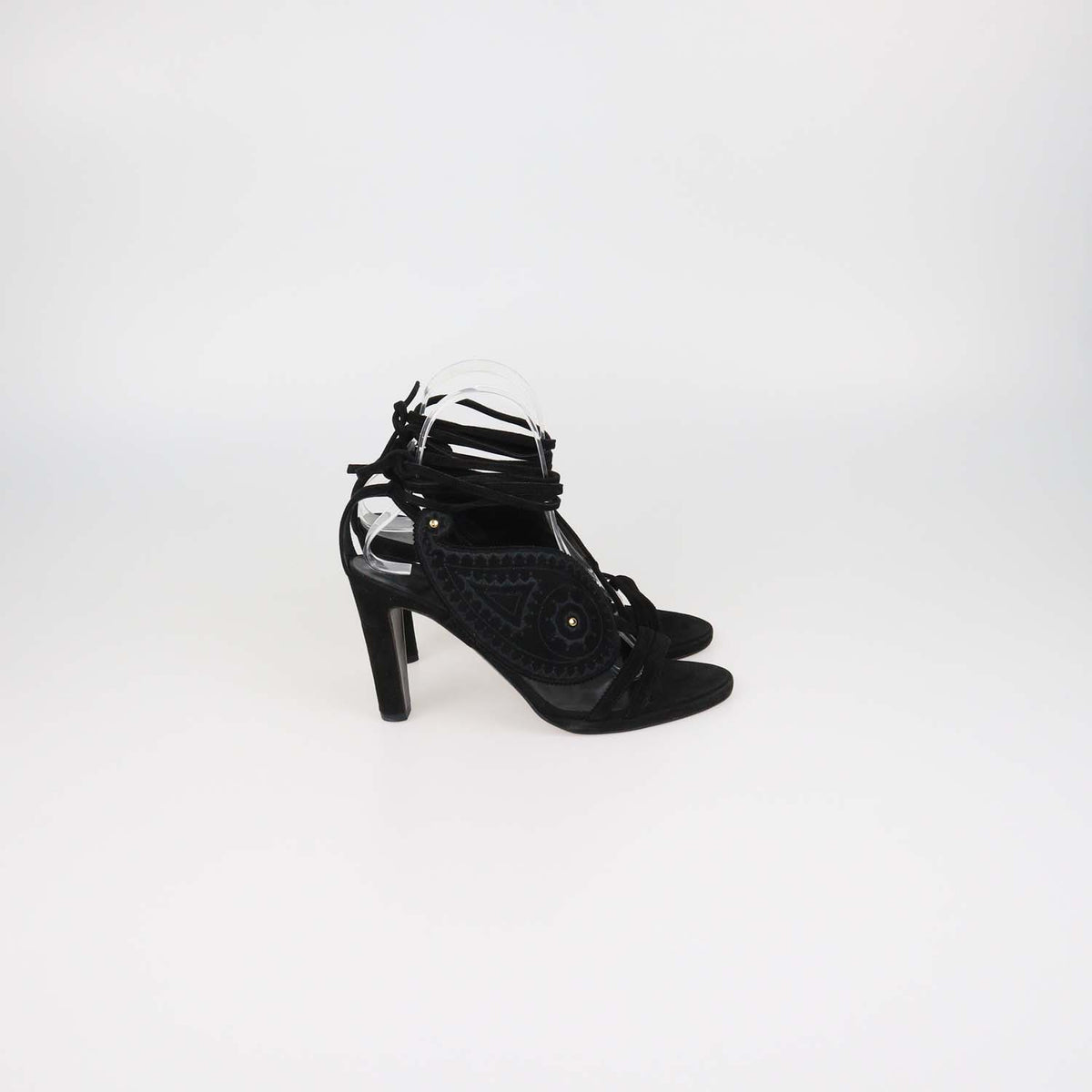 Hermes Black Suede Embroidered Paisley Ankle Tie Sandals