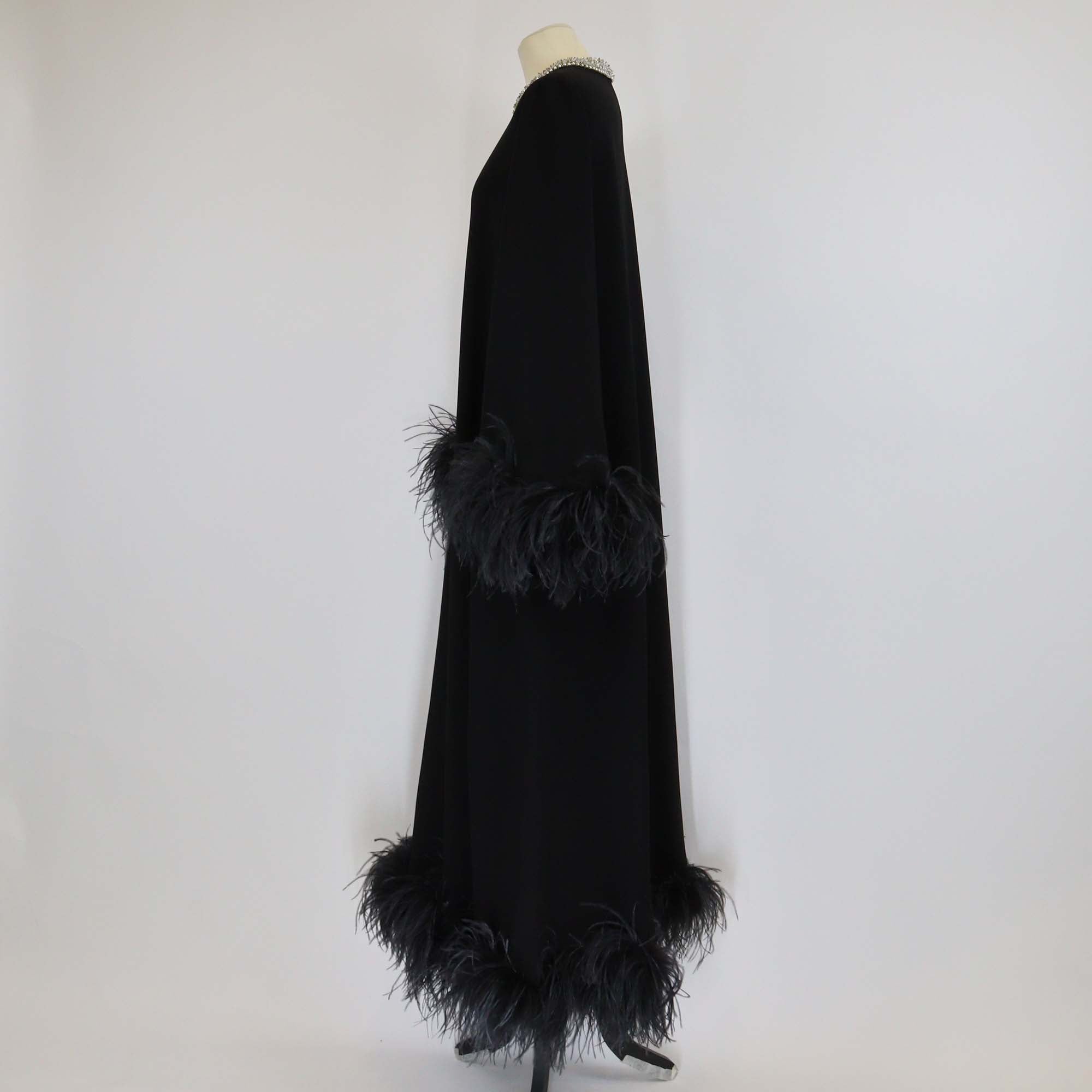 Miu Miu Black Ostrich Feather and Fabric Crystal Trim Long Sleeve Maxi Dress