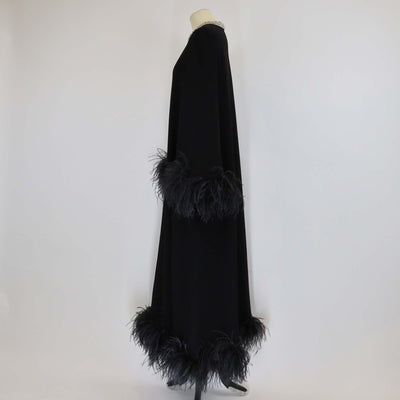 Miu Miu Black Ostrich Feather and Fabric Crystal Trim Long Sleeve Maxi Dress