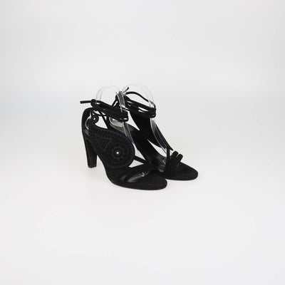 Hermes Black Suede Embroidered Paisley Ankle Tie Sandals