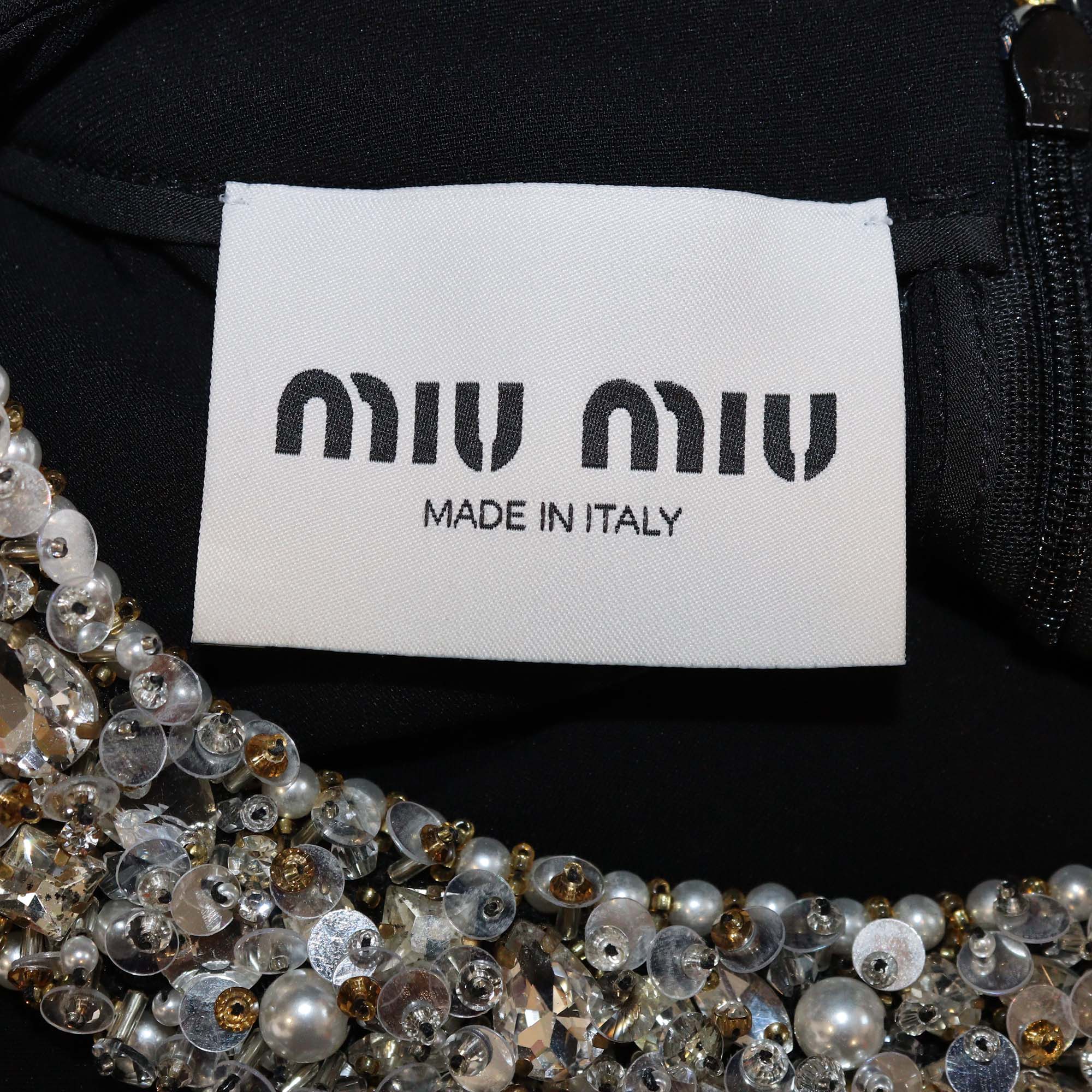Miu Miu Black Ostrich Feather and Fabric Crystal Trim Long Sleeve Maxi Dress