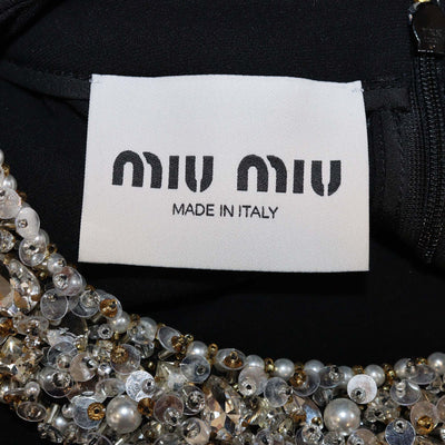 Miu Miu Black Ostrich Feather and Fabric Crystal Trim Long Sleeve Maxi Dress