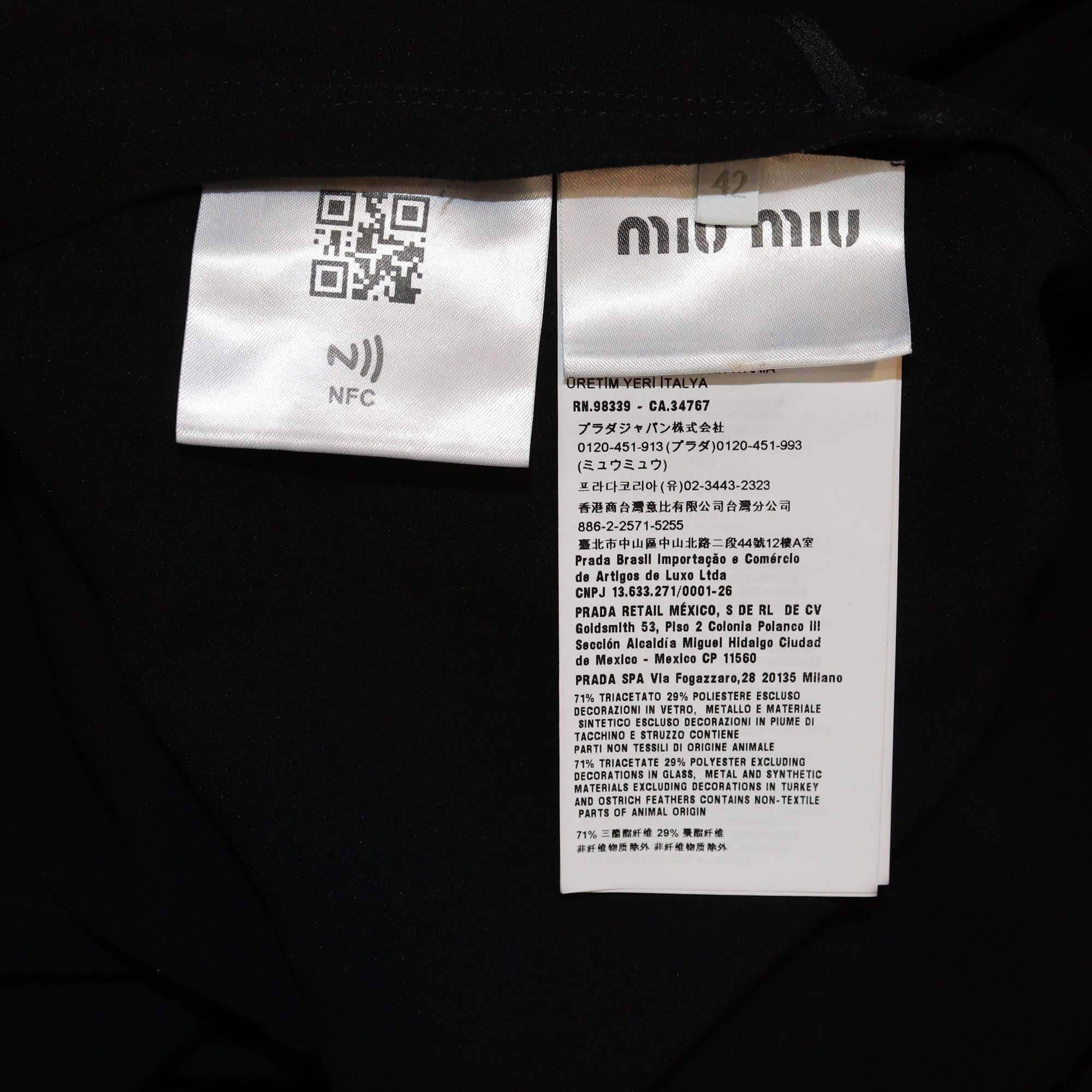 Miu Miu Black Ostrich Feather and Fabric Crystal Trim Long Sleeve Maxi Dress