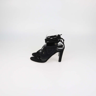 Hermes Black Suede Embroidered Paisley Ankle Tie Sandals