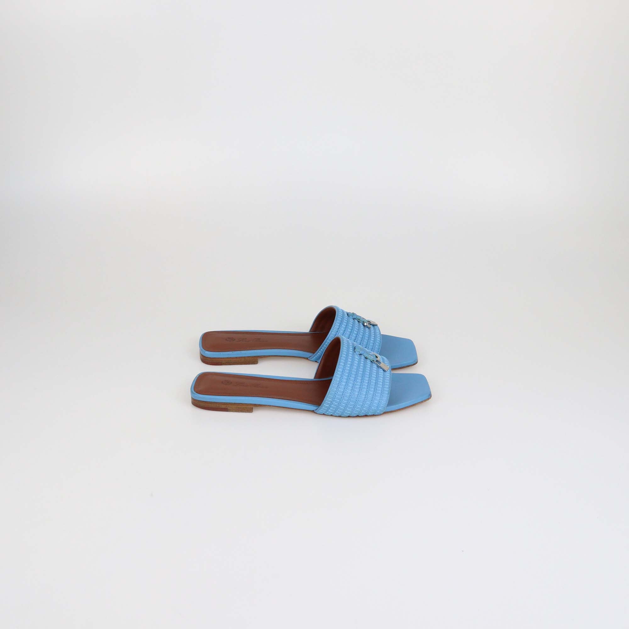 Loro Piana Blue Leather Sprightly Charm Flat Slides