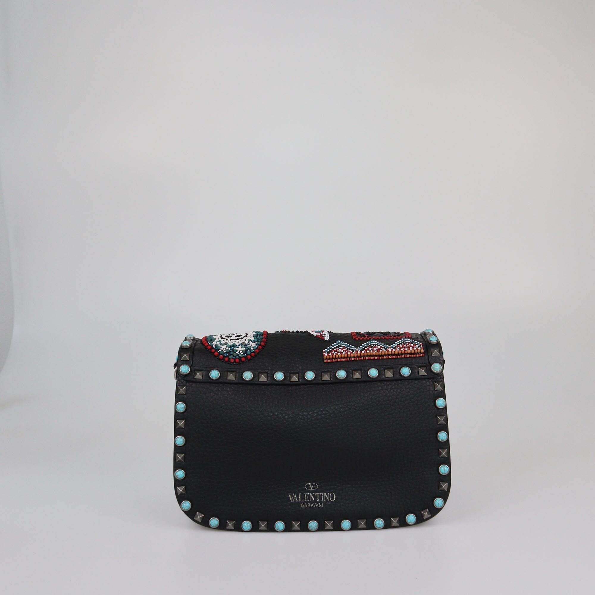 Valentino Black Leather Medium Beaded Patch Rolling Rockstud Shoulder Bag Womens Valentino 