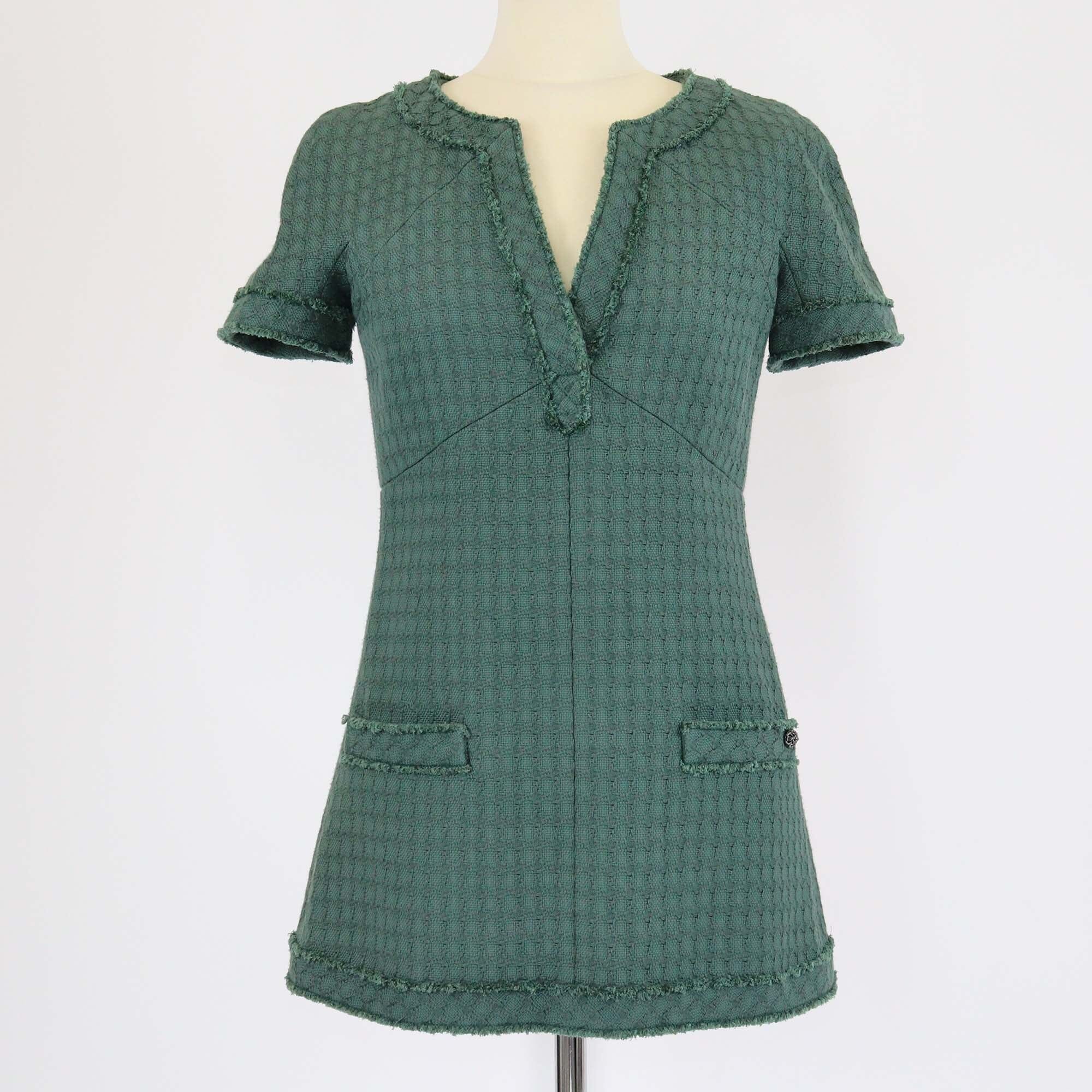Chanel Green V-Neck Short Sleeve Tunic Mini Dress Womens Chanel 
