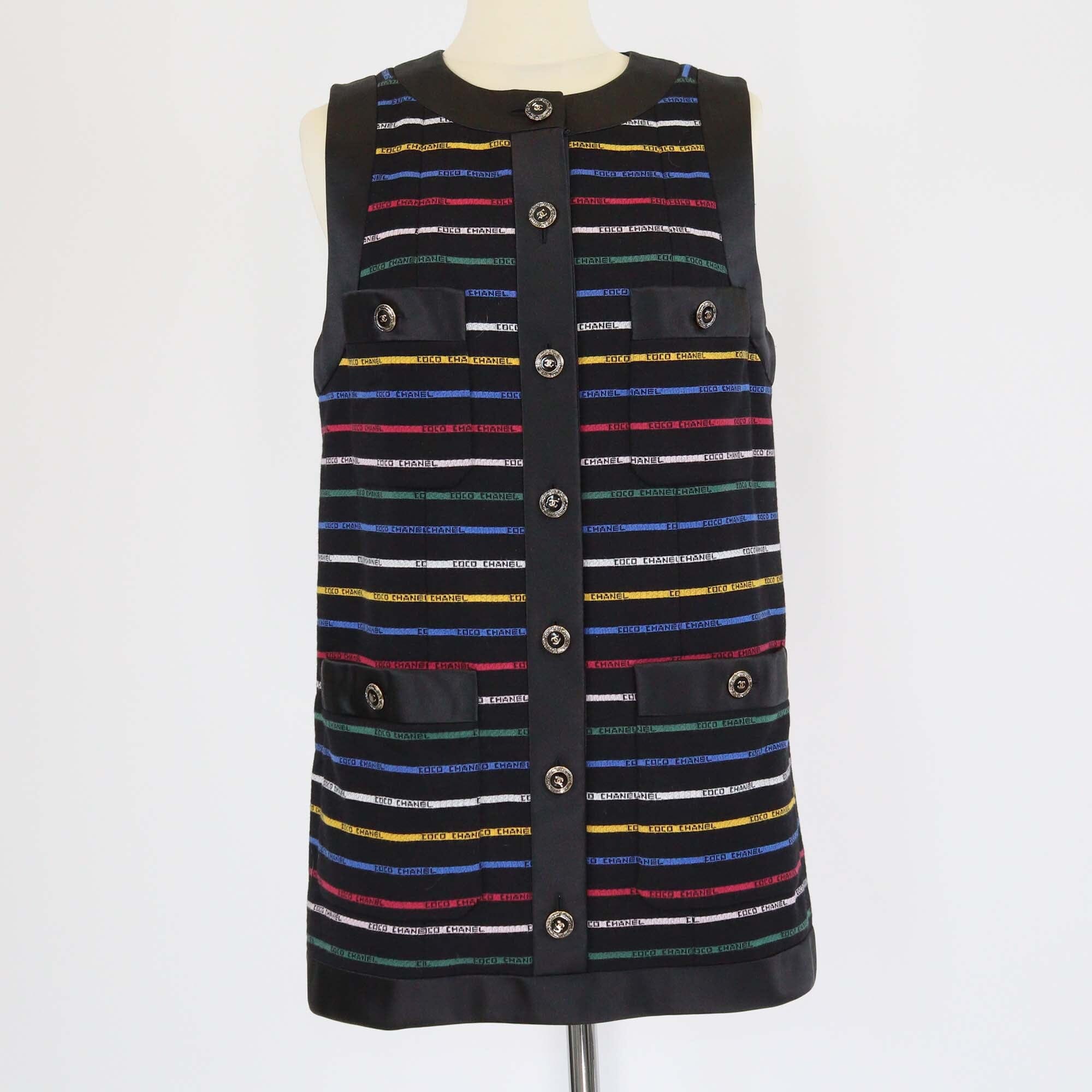Chanel Black/Multicolor Coco Striped Sleeveless Mini Dress Womens Chanel 