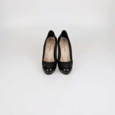 Chanel Black Patent Leather CC Cap Toe Pumps