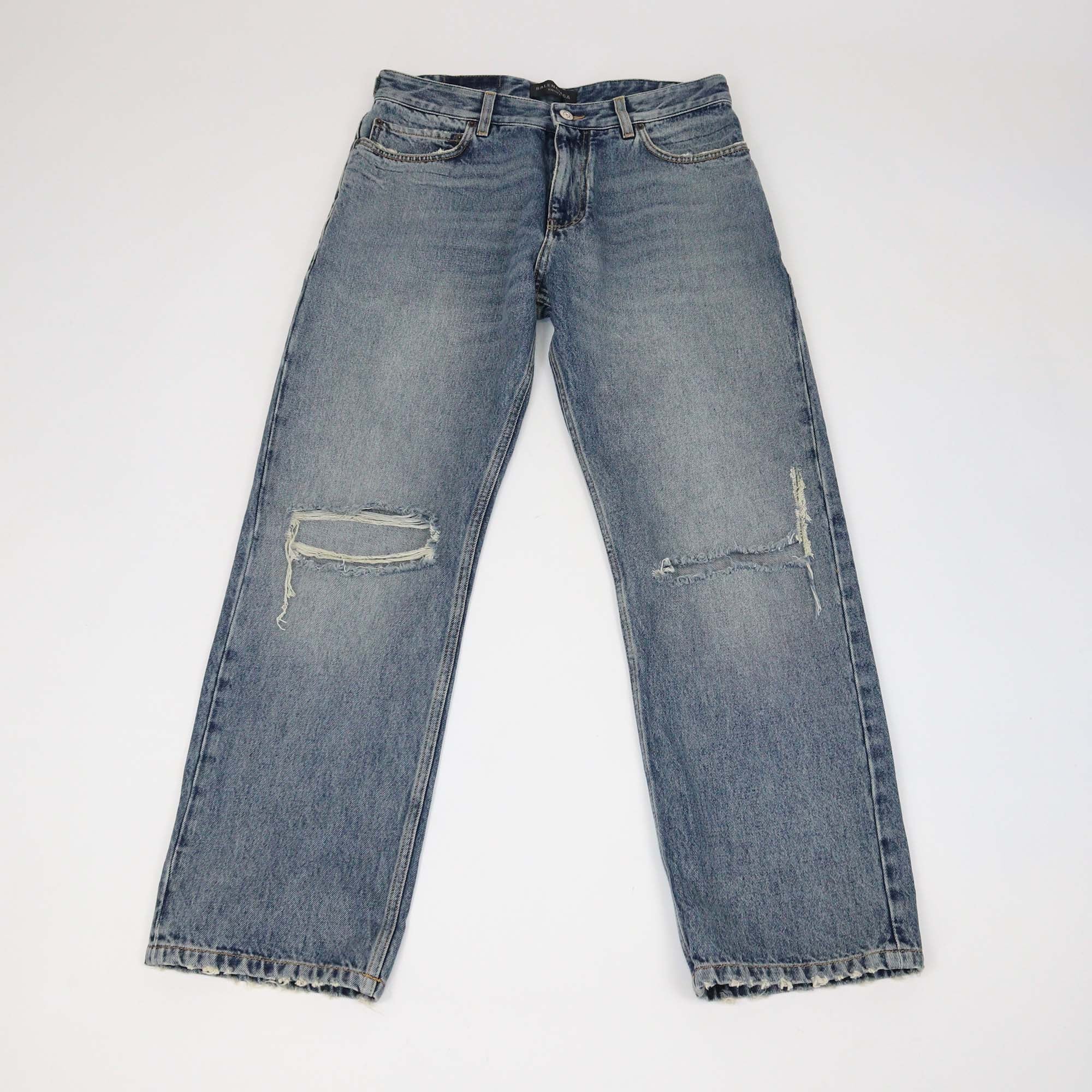 Balenciaga Blue Denim Distressed Wide Leg Jeans
