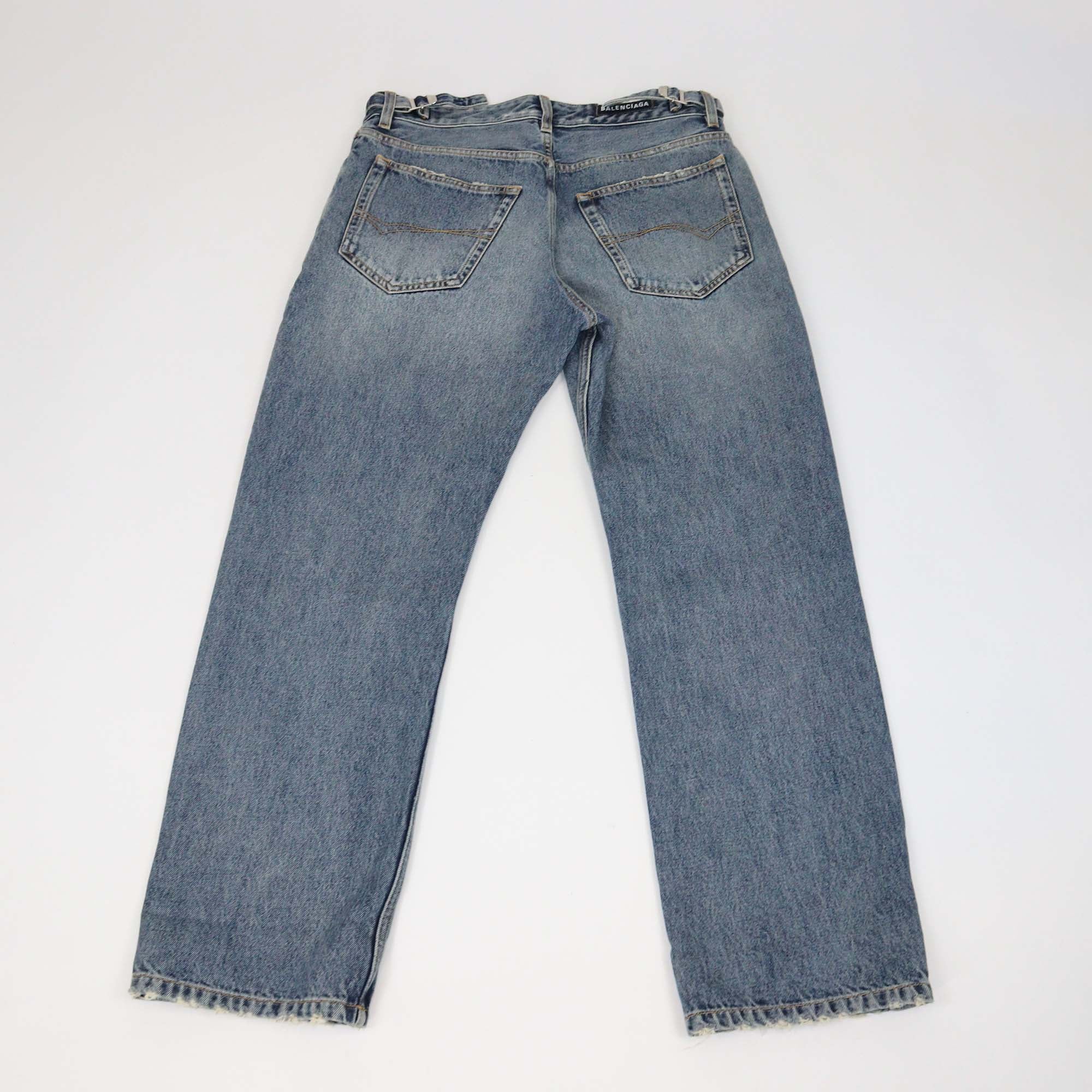 Balenciaga Blue Denim Distressed Wide Leg Jeans
