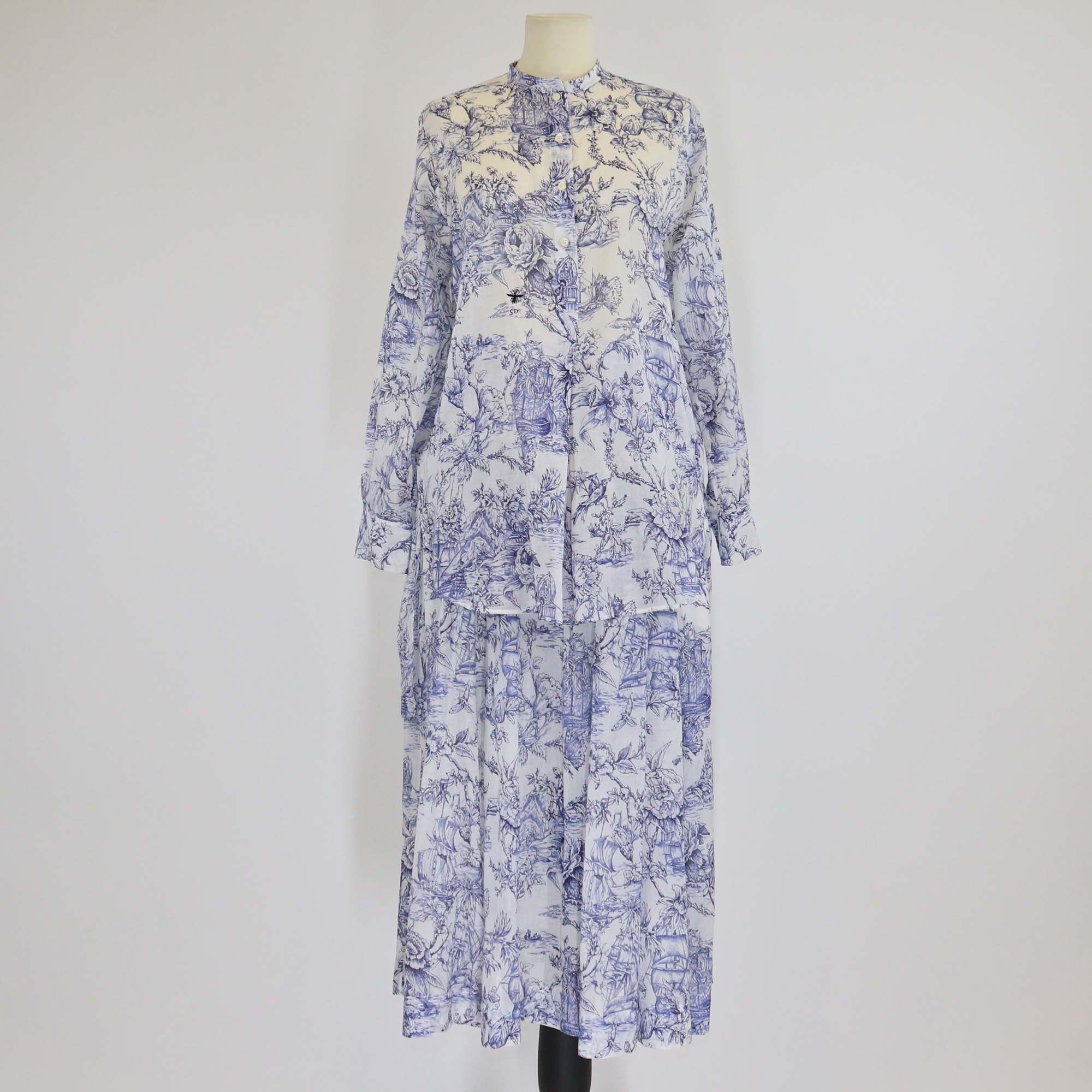 Christian Dior White/Blue Cotton Toile De Jouy Print Tunic Blouse & Skirt Set