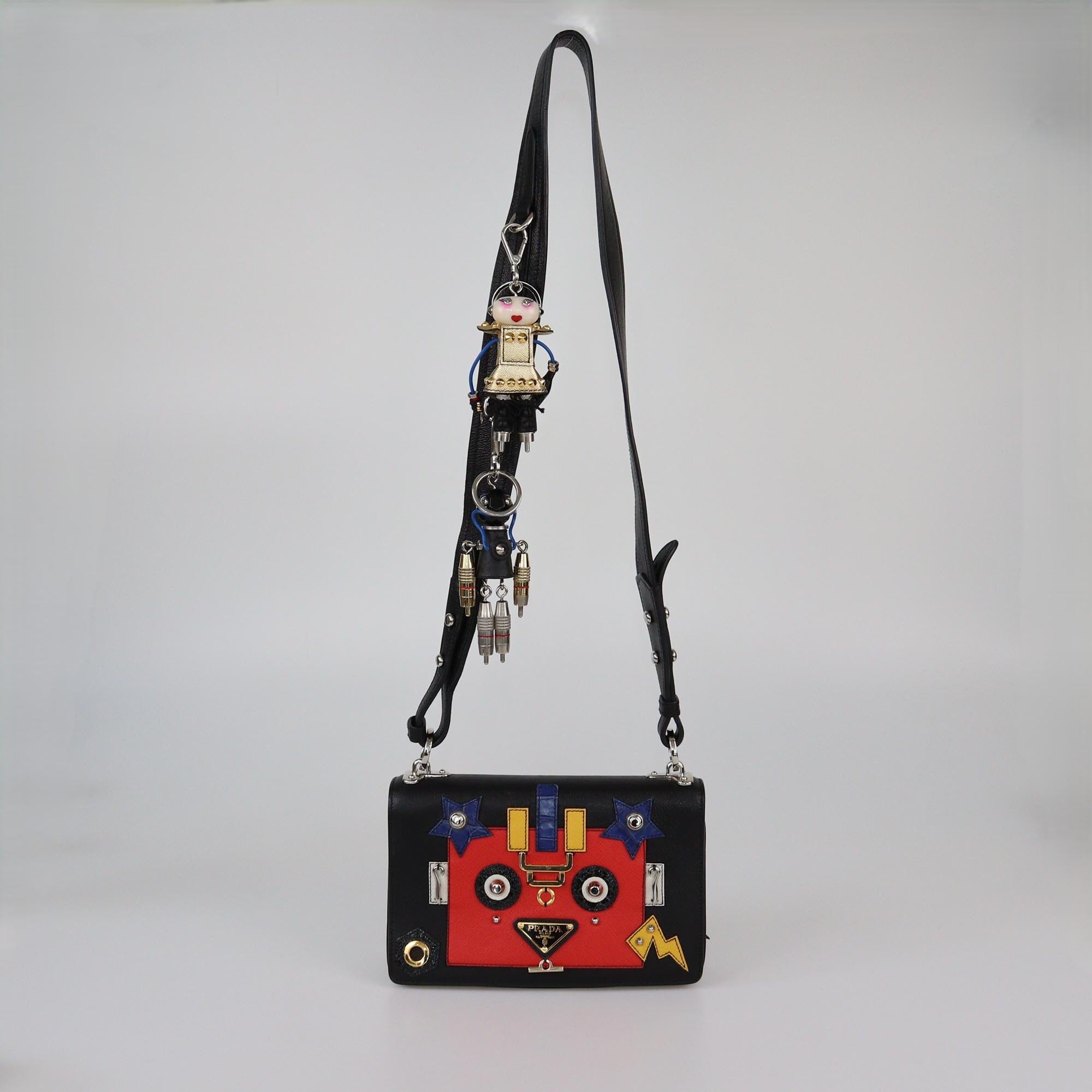 Prada Black Glace Calf Robot Mixed Media Flap Shoulder Bag Womens Prada 