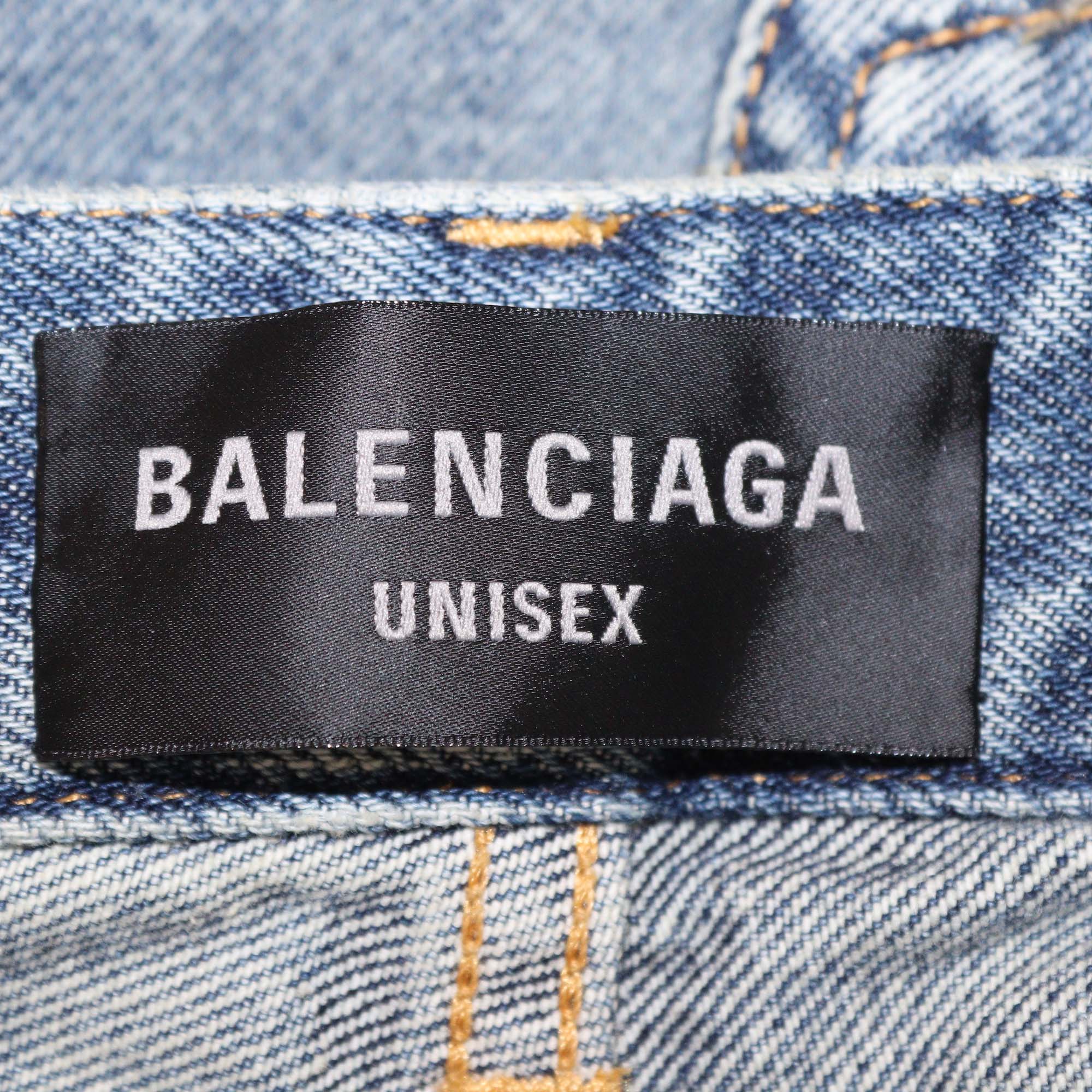 Balenciaga Blue Denim Distressed Wide Leg Jeans