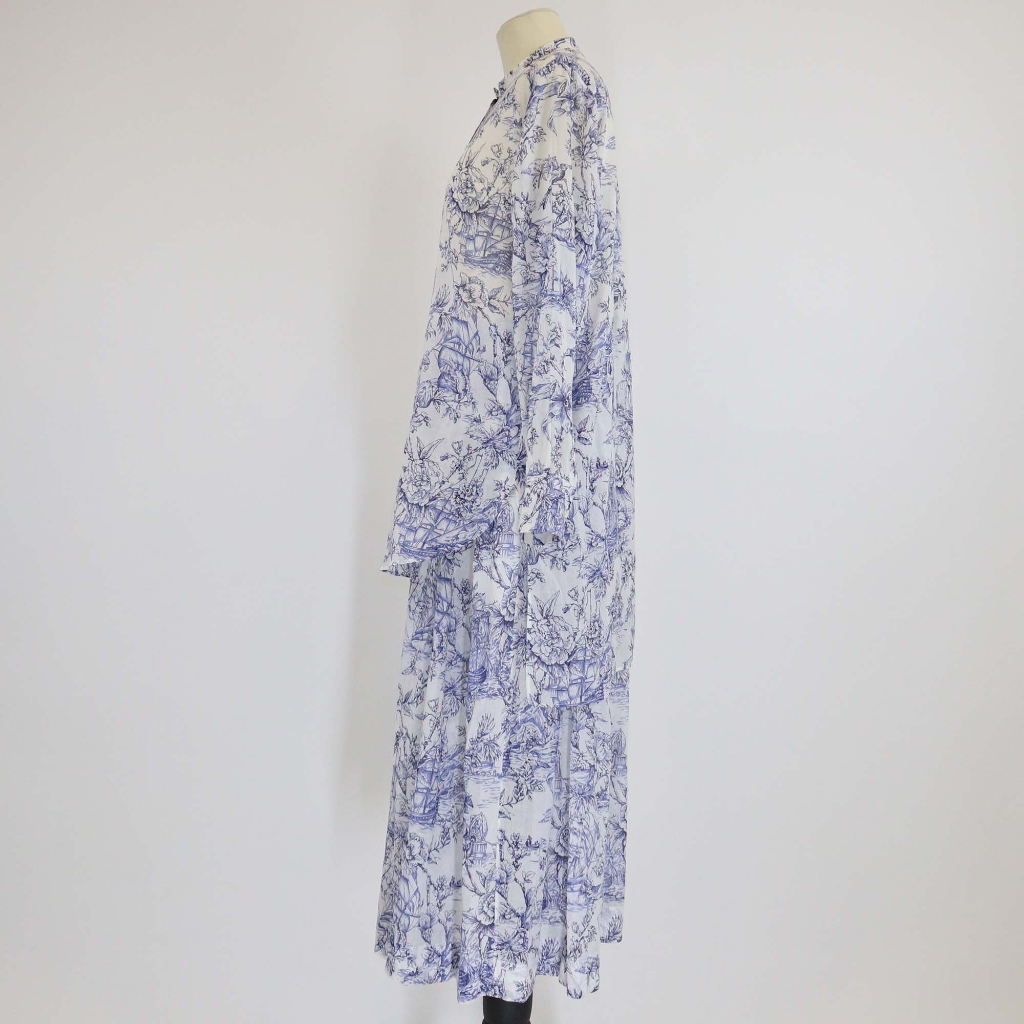 Christian Dior White/Blue Cotton Toile De Jouy Print Tunic Blouse & Skirt Set