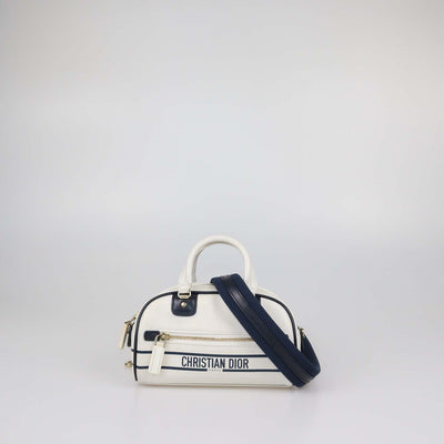 Christian Dior White/Navy Blue Leather Micro Dior Vibe Bowling Bag