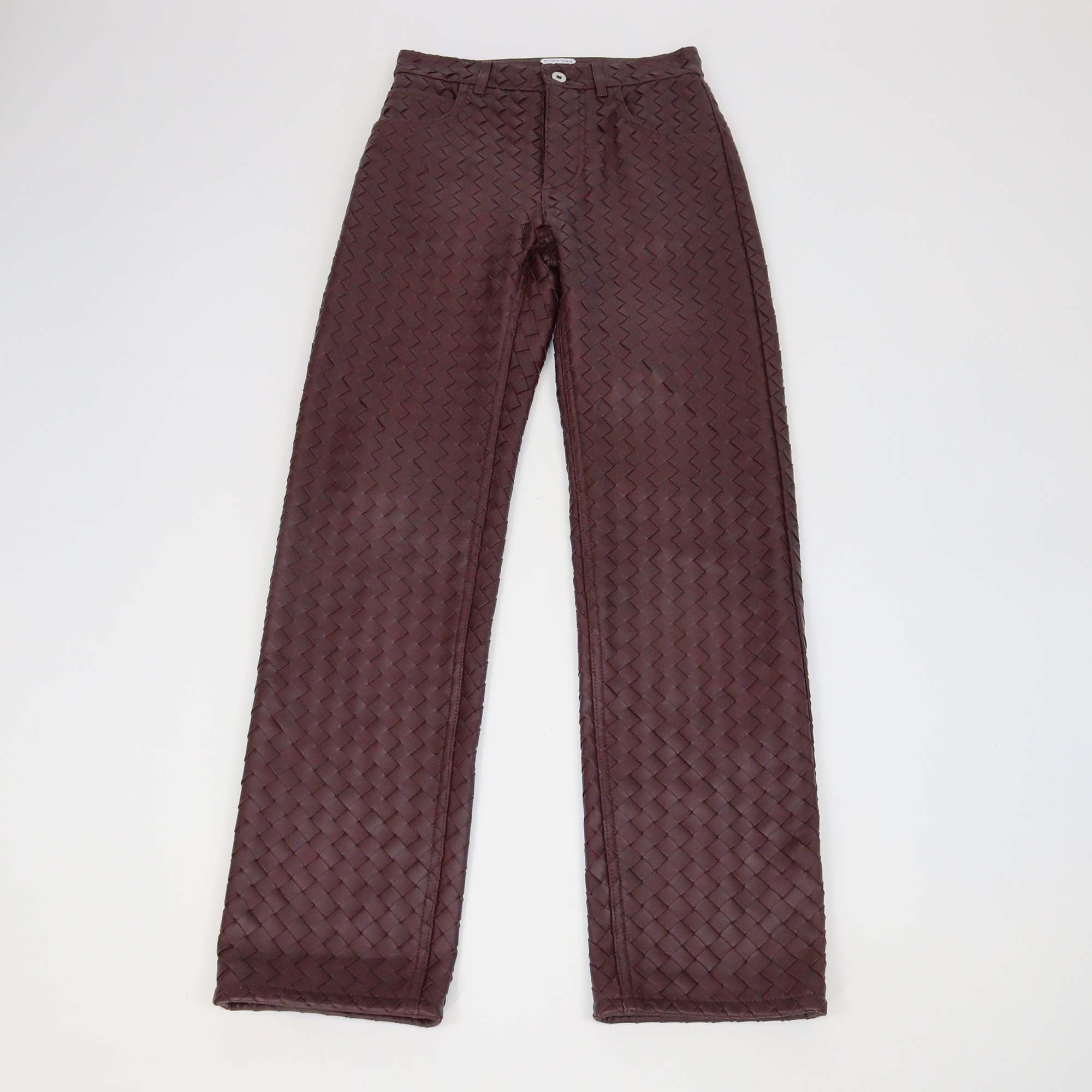 Bottega Veneta Burgundy Intrecciato Leather Straight-Leg Pants