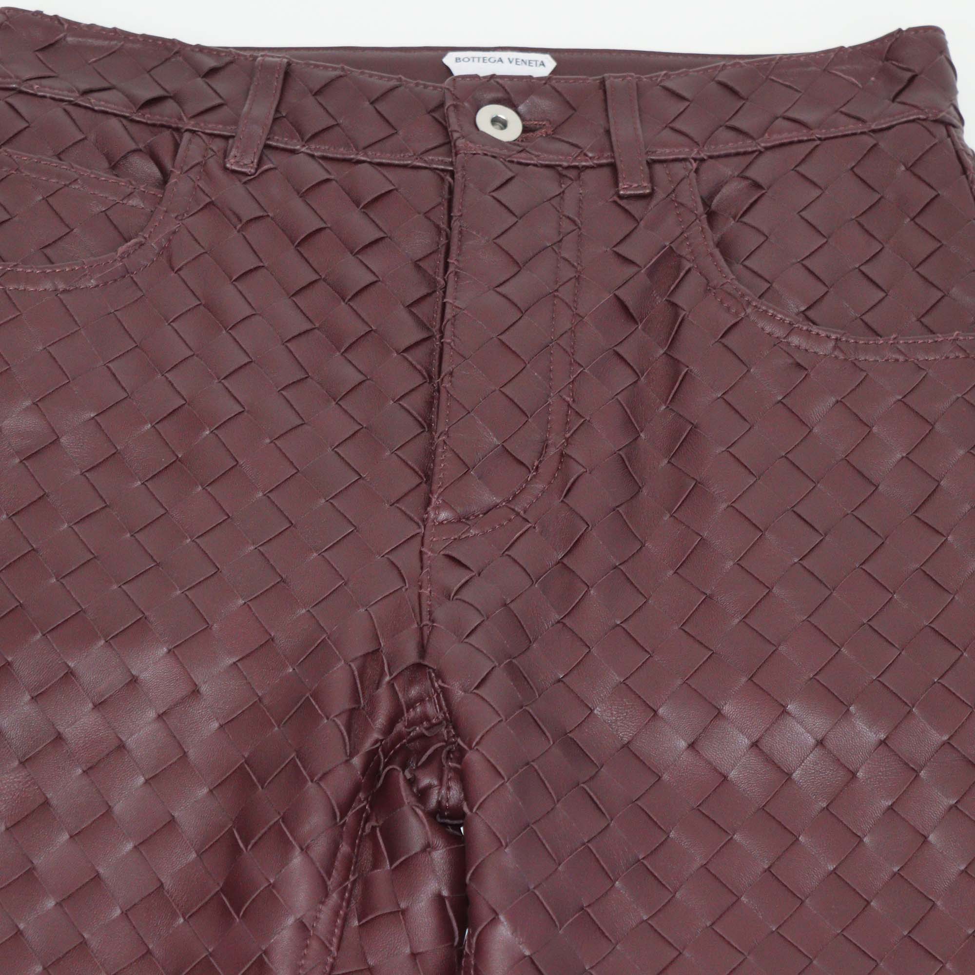 Bottega Veneta Burgundy Intrecciato Leather Straight-Leg Pants