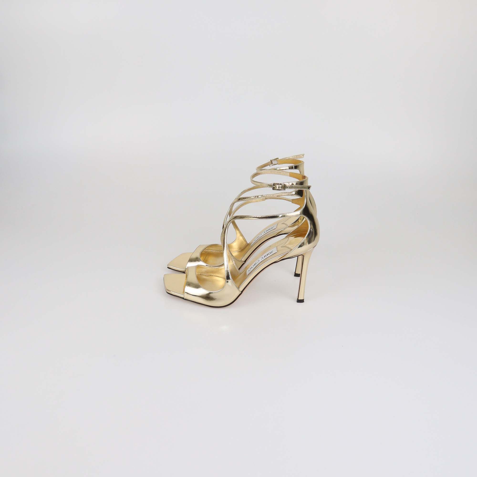 Jimmy Choo Gold Mirror Patent Leather Azia 95 Ankle Strap Sandals