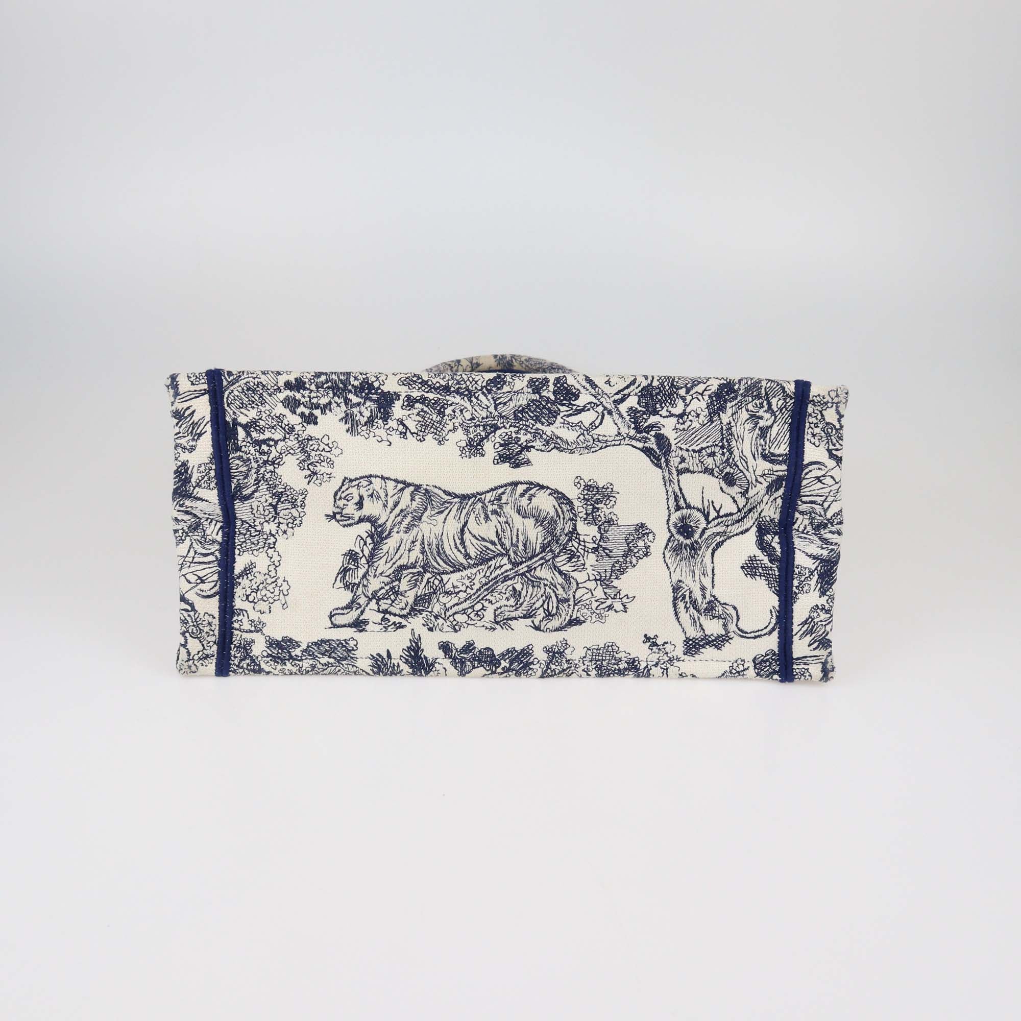 Christian Dior Navy Blue Toile De Jouy Embroidered Canvas Medium Book Tote