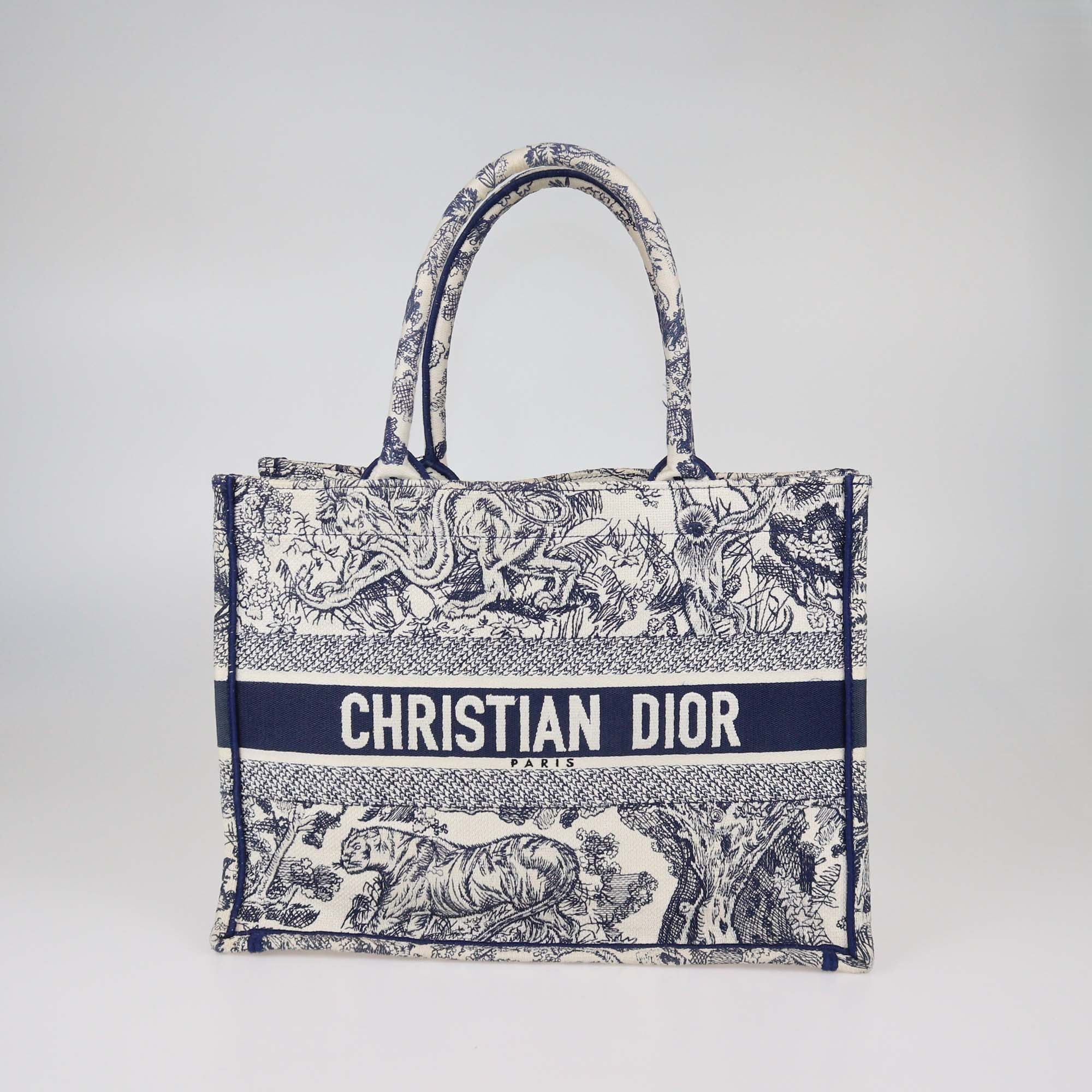 Christian Dior Navy Blue Toile De Jouy Embroidered Canvas Medium Book Tote