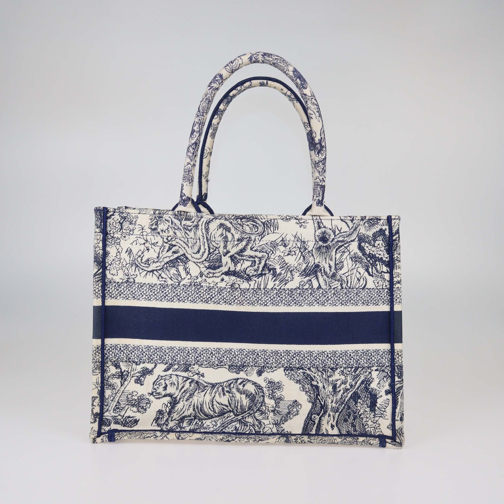 Christian Dior Navy Blue Toile De Jouy Embroidered Canvas Medium Book Tote