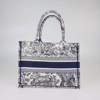 Christian Dior Navy Blue Toile De Jouy Embroidered Canvas Medium Book Tote