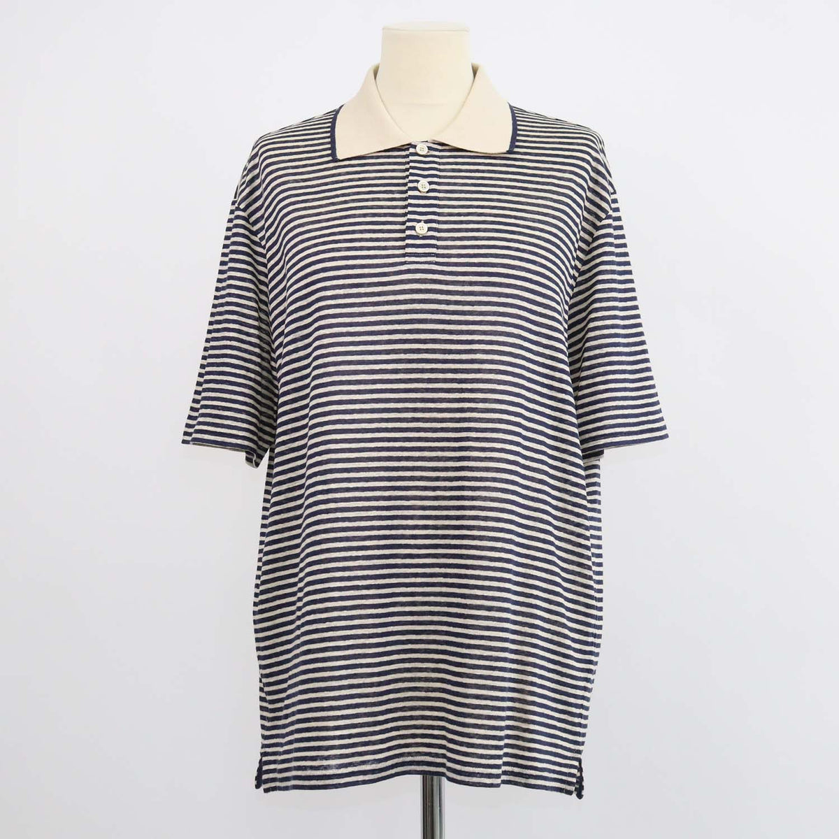 Loro Piana Navy Blue,Light Beige Linen Striped Polo Shirt
