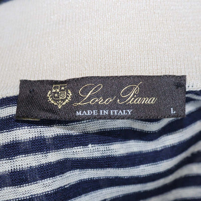 Loro Piana Navy Blue,Light Beige Linen Striped Polo Shirt