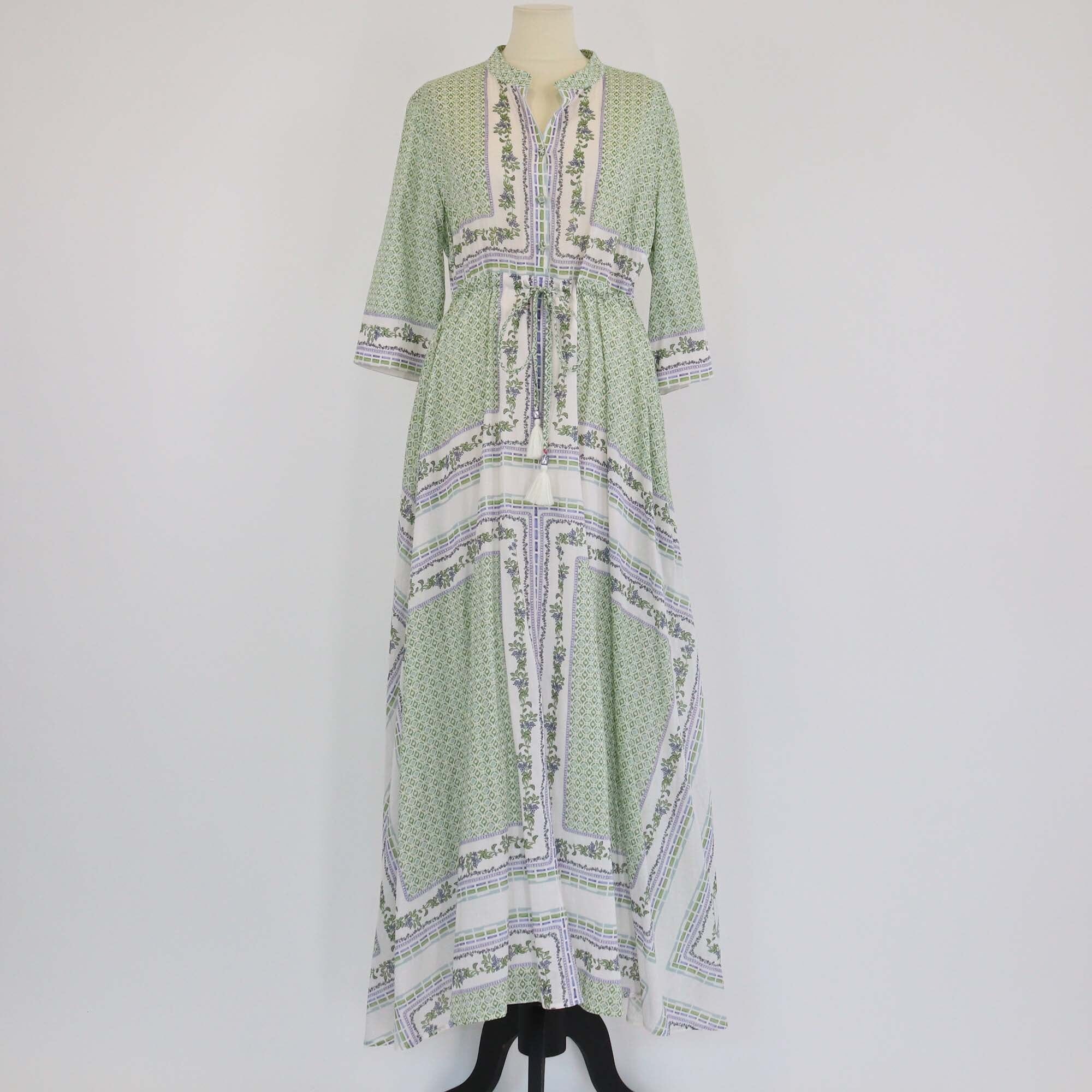 Tory Burch White/Green Printed Half Button Three Quarter Sleeve Maxi Dress Womens Tory Burch 
