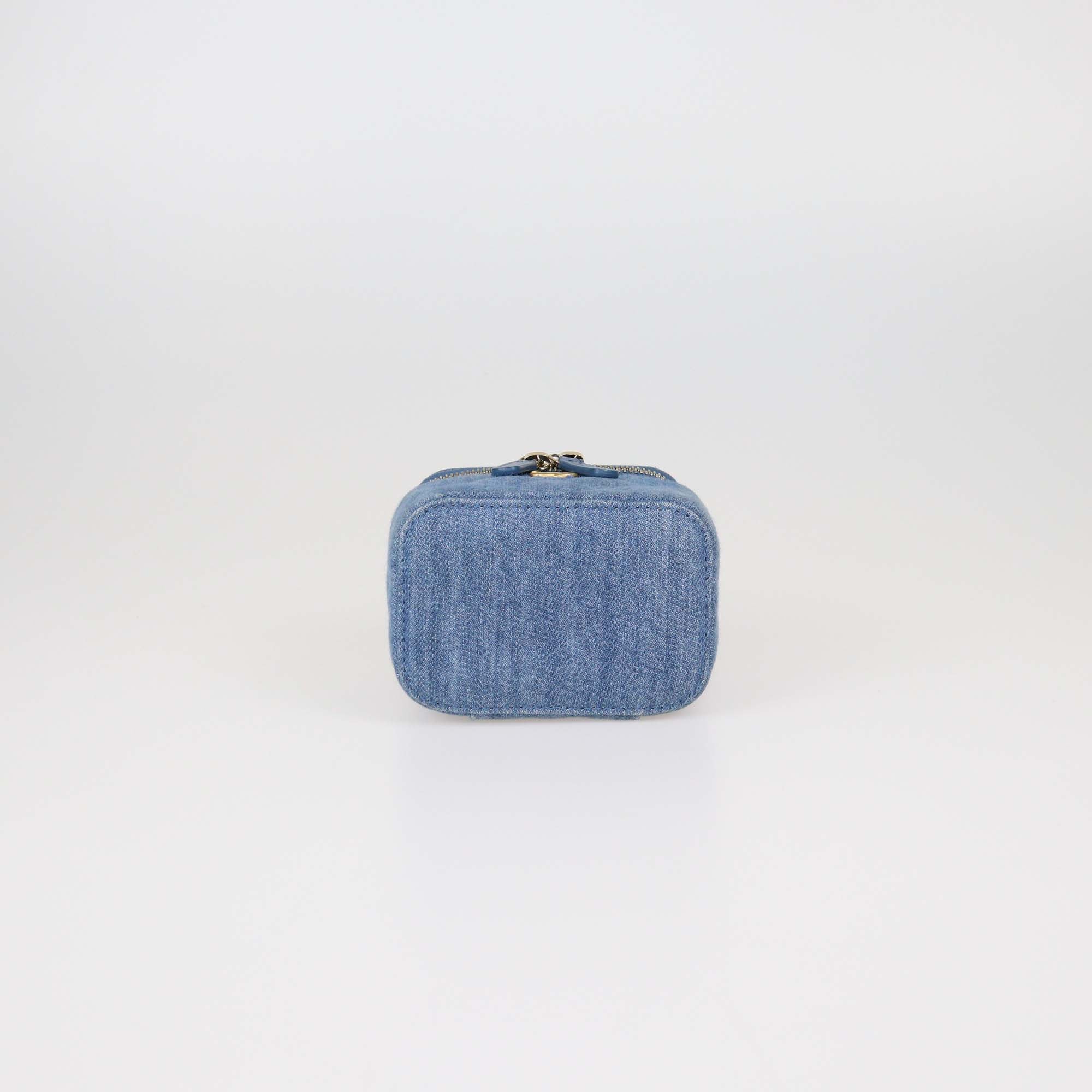 Chanel Blue Quilted Denim Small Pearl Crush Vanity Case With Chain