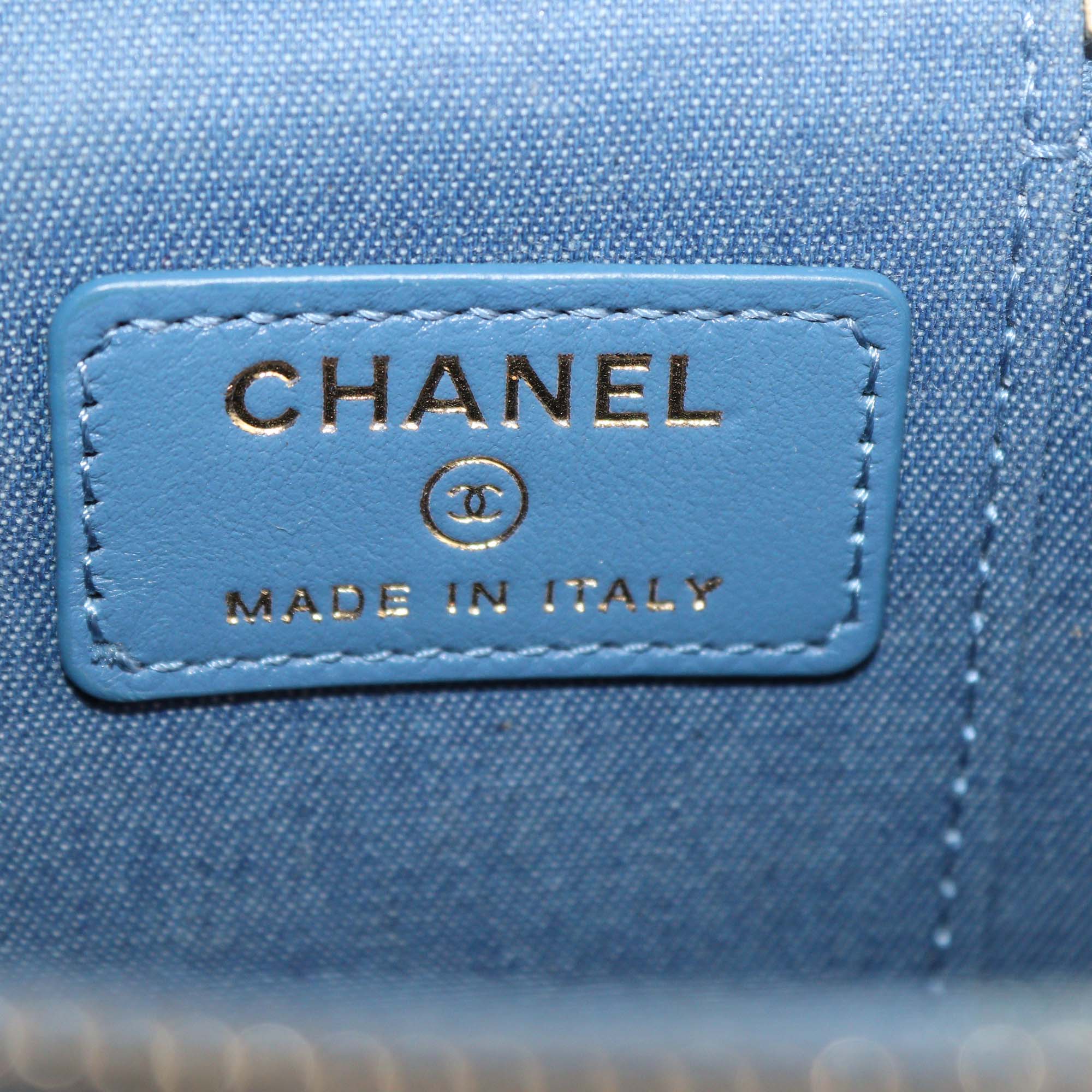 Chanel Blue Quilted Denim Small Pearl Crush Vanity Case With Chain