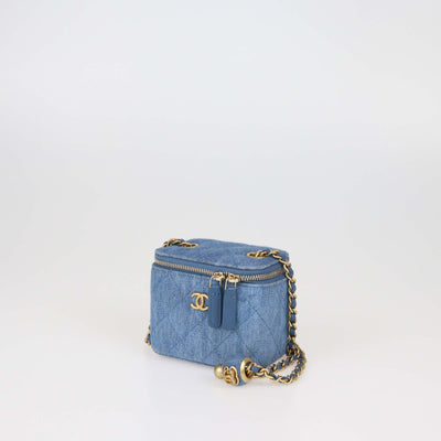 Chanel Blue Quilted Denim Small Pearl Crush Vanity Case With Chain