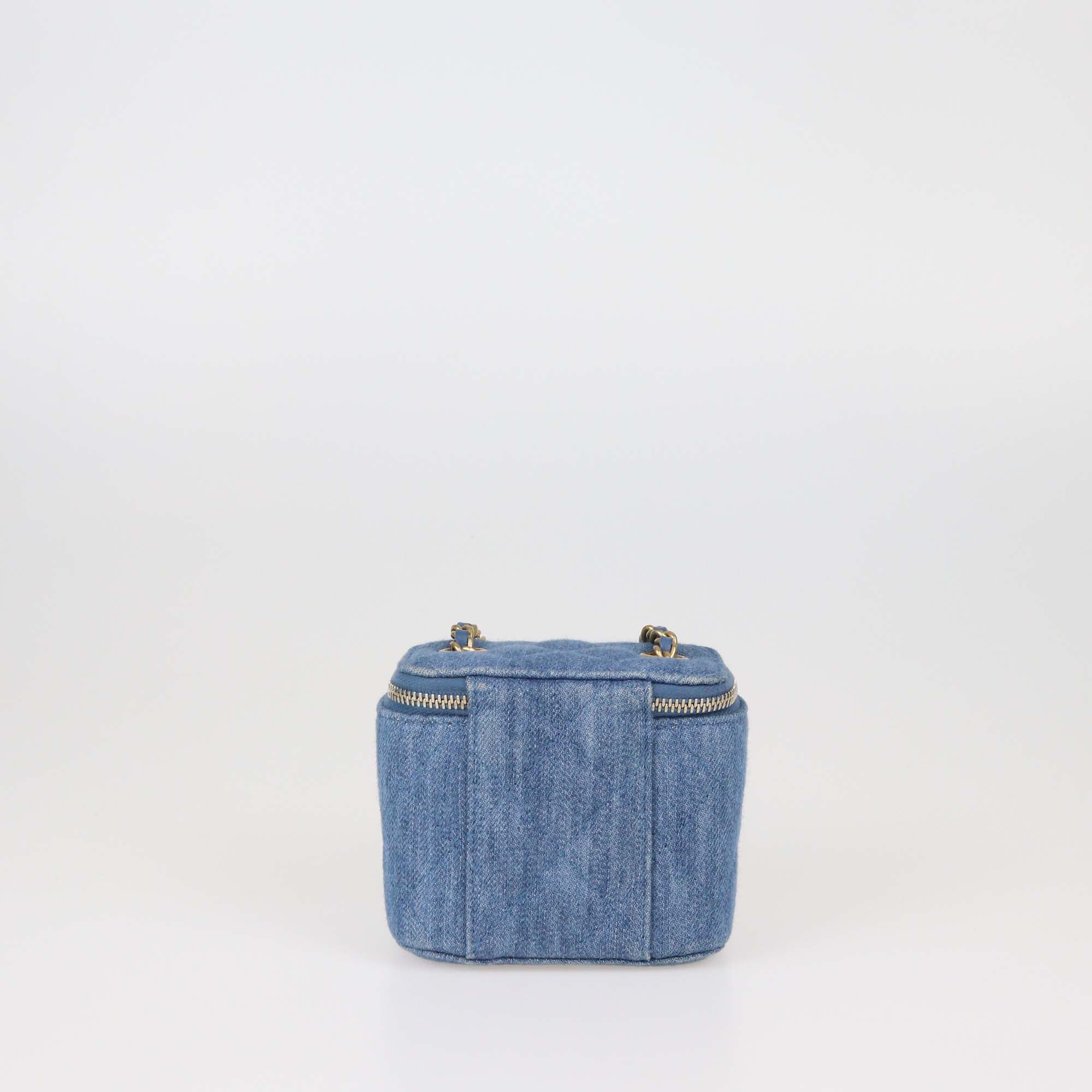 Chanel Blue Quilted Denim Small Pearl Crush Vanity Case With Chain