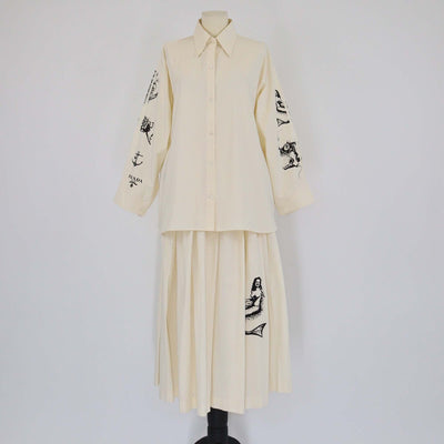 Prada Cream Mermaid Printed Chambray Long Sleeve Shirt & Skirt Set Womens Prada 