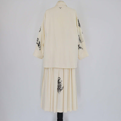 Prada Cream Mermaid Printed Chambray Long Sleeve Shirt & Skirt Set Womens Prada 